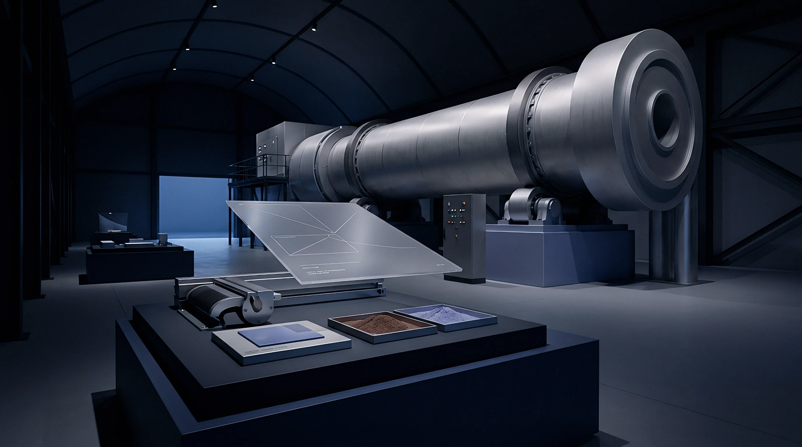 A digital render shows an industrial rotary kiln operating inside a heavy manufacturing facility alongside raw material display pedestals.