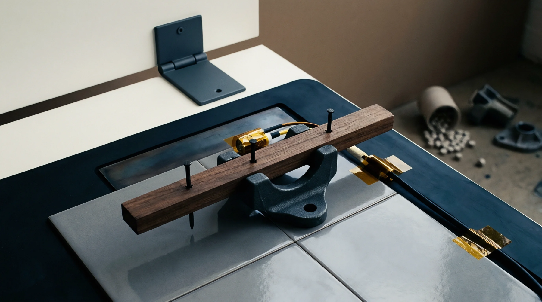 Wooden probe assembly components secured by a metal clamp rest on ceramic tiles alongside thermal sensors and scattered solid electrolyte pellets.