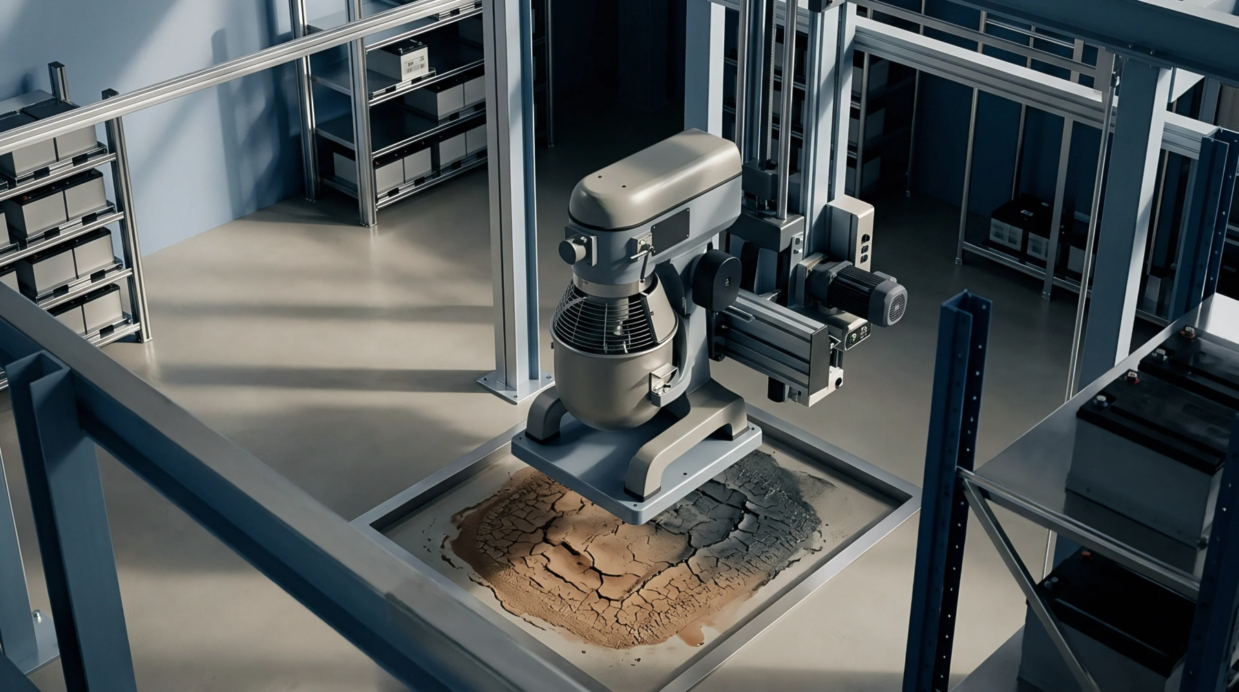 An industrial 3D render features a mixing machine suspended above cracked electrode paste inside a battery manufacturing facility.
