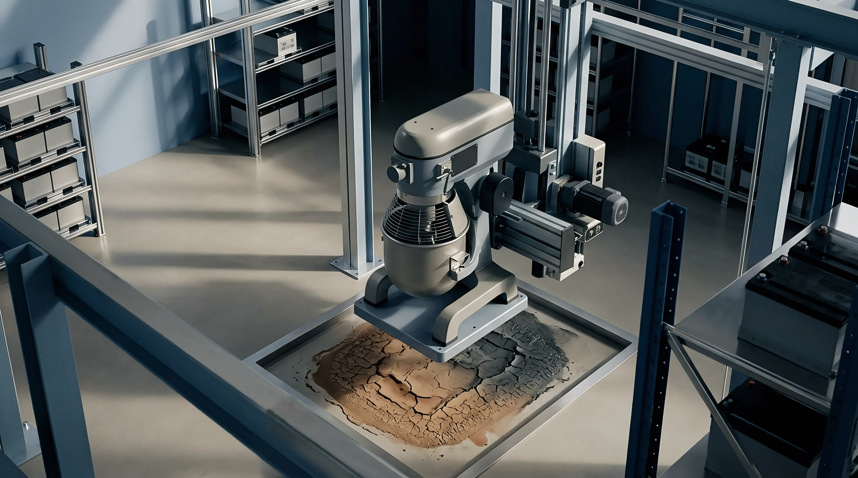 An industrial 3D render features a mixing machine suspended above cracked electrode paste inside a battery manufacturing facility.