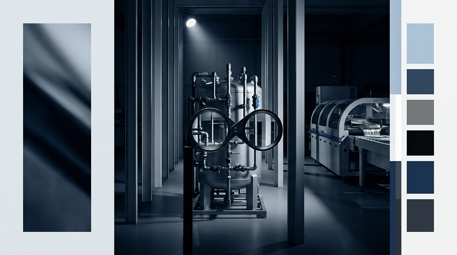 A stainless steel vessel with extensive pipework stands centrally between industrial columns near a conveyor system inside a battery manufacturing plant.
