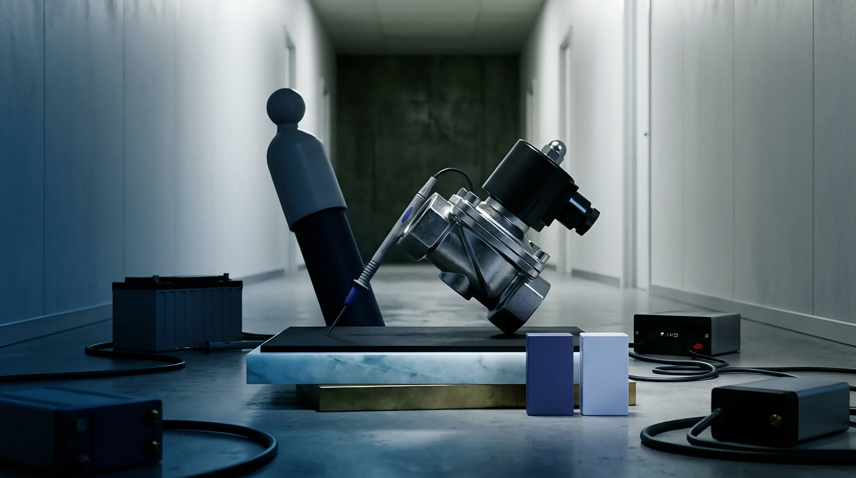 A metallic solenoid valve and diagnostic probe rest on a dark platform inside an industrial hallway flanked by electrical power units.