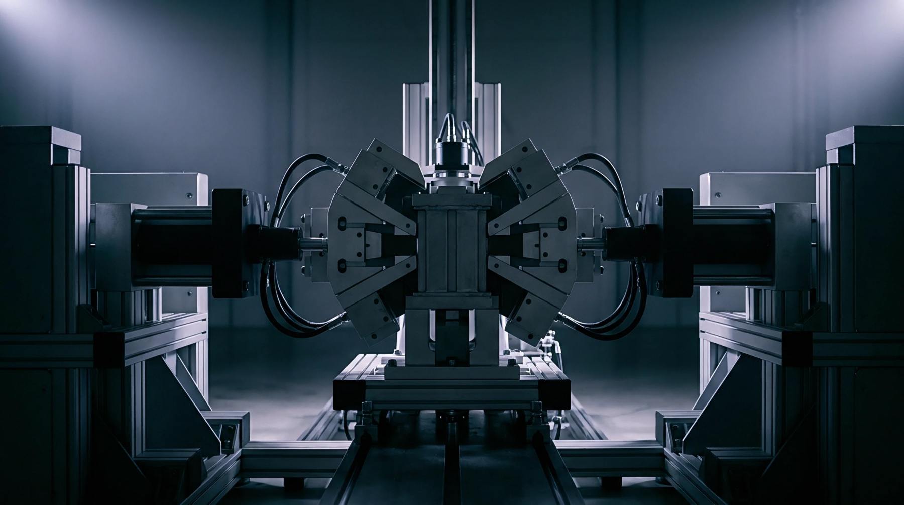 Precision metallic assembly and opposing pneumatic actuators occupy a clean industrial laboratory floor during battery component manufacturing research.