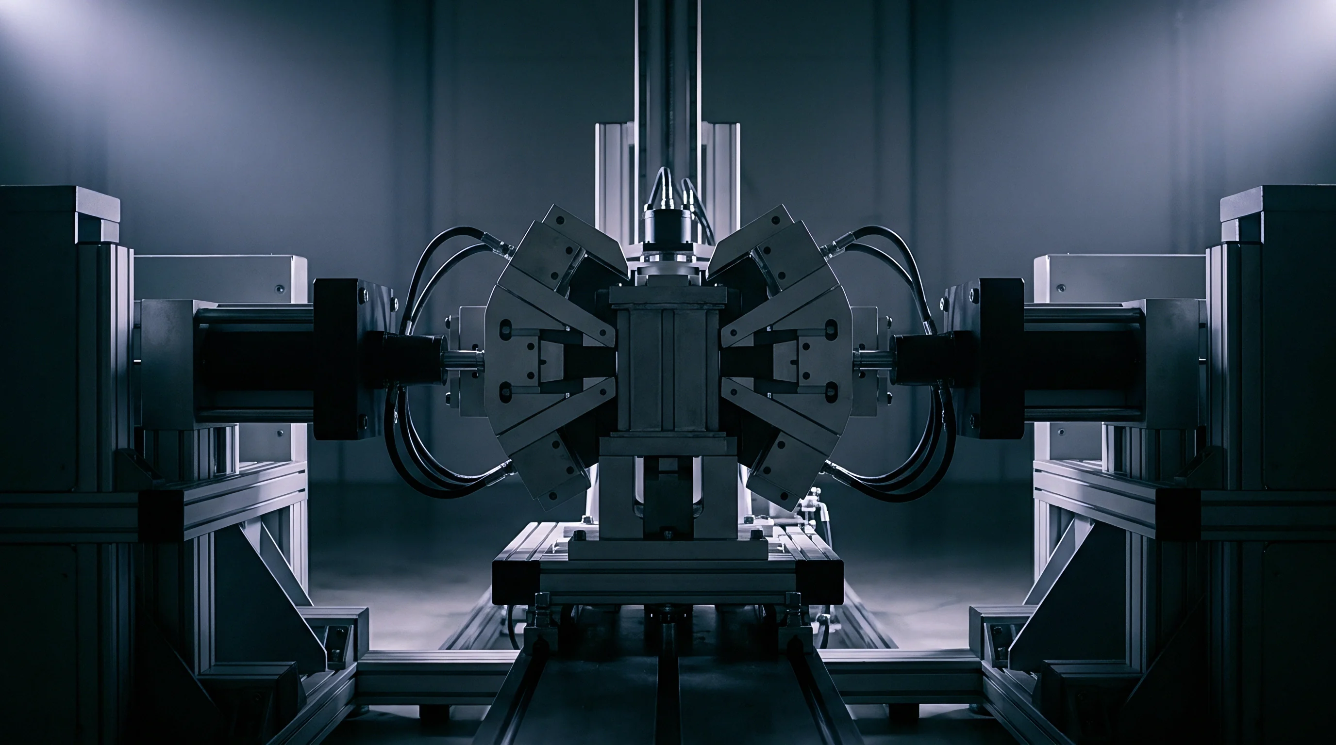 Precision metallic assembly and opposing pneumatic actuators occupy a clean industrial laboratory floor during battery component manufacturing research.