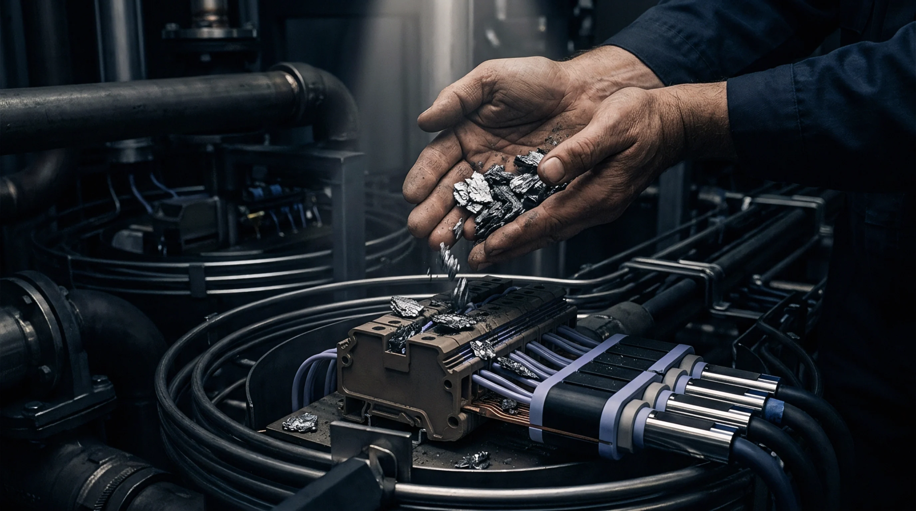 Hands carefully pour metallic flakes into a complex electrical connector module within an industrial production environment.