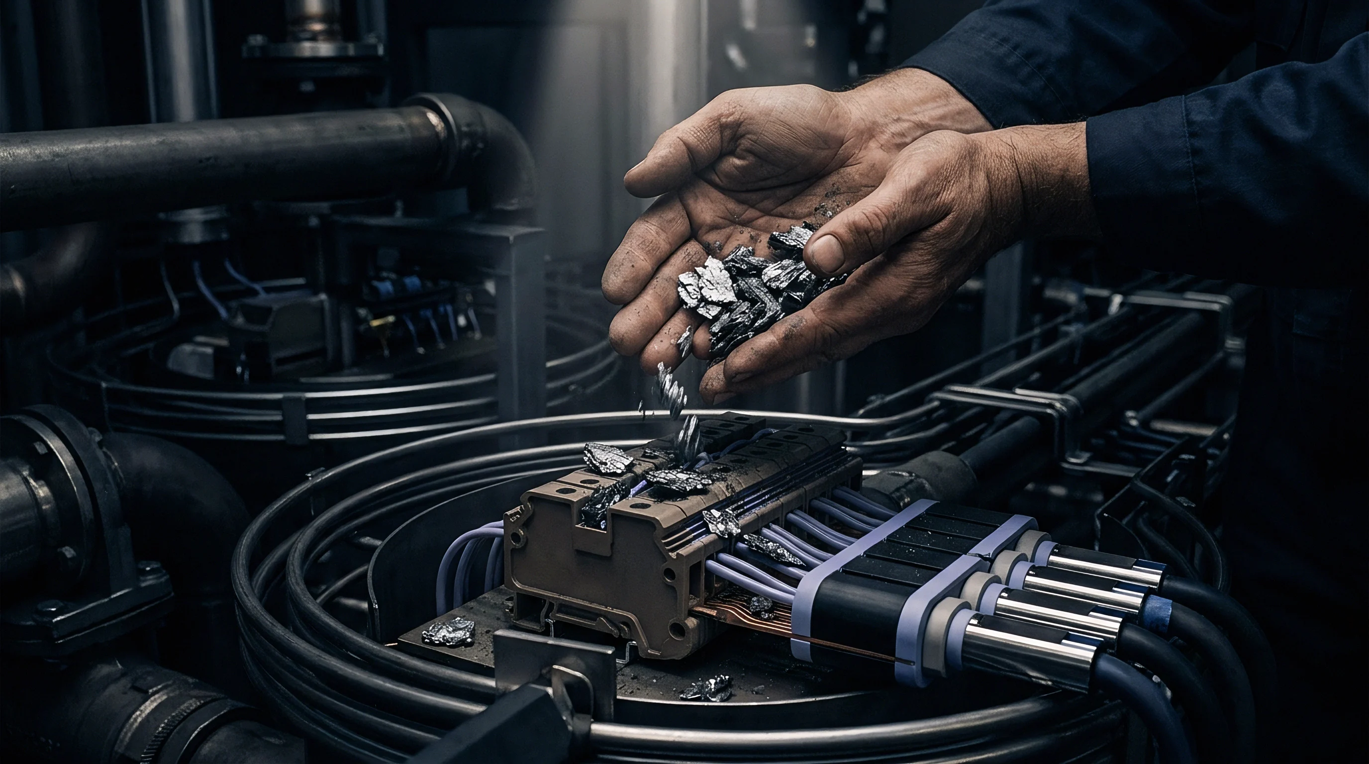 Hands carefully pour metallic flakes into a complex electrical connector module within an industrial production environment.
