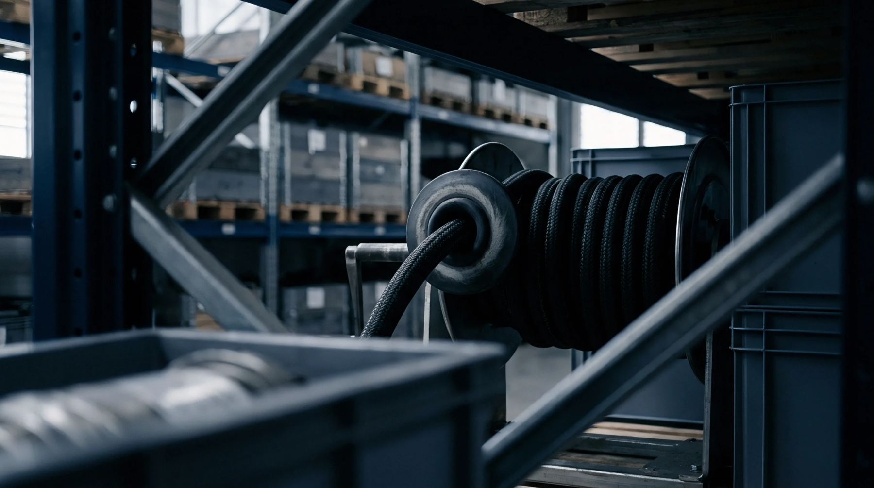A large industrial spool wound with thick black insulated cable sits on a storage rack between metal framing and plastic crates.