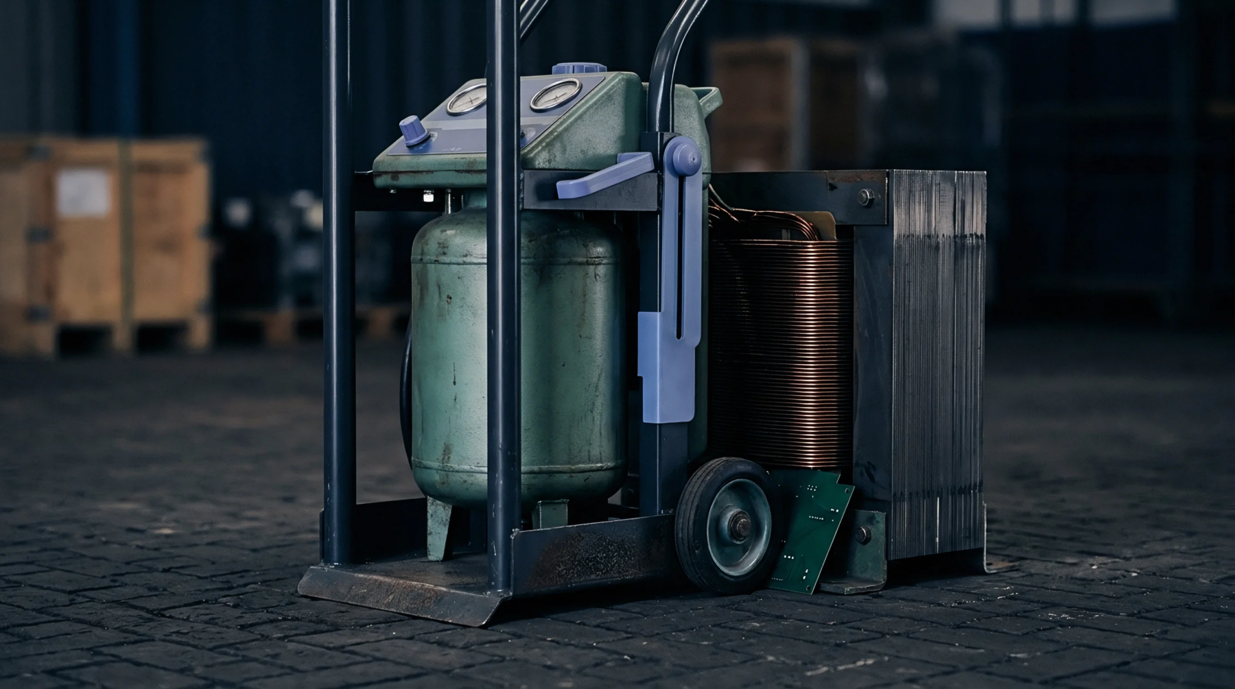 A heavy power transformer with exposed copper coil windings sits next to a pressure tank on a steel cart in a workshop.