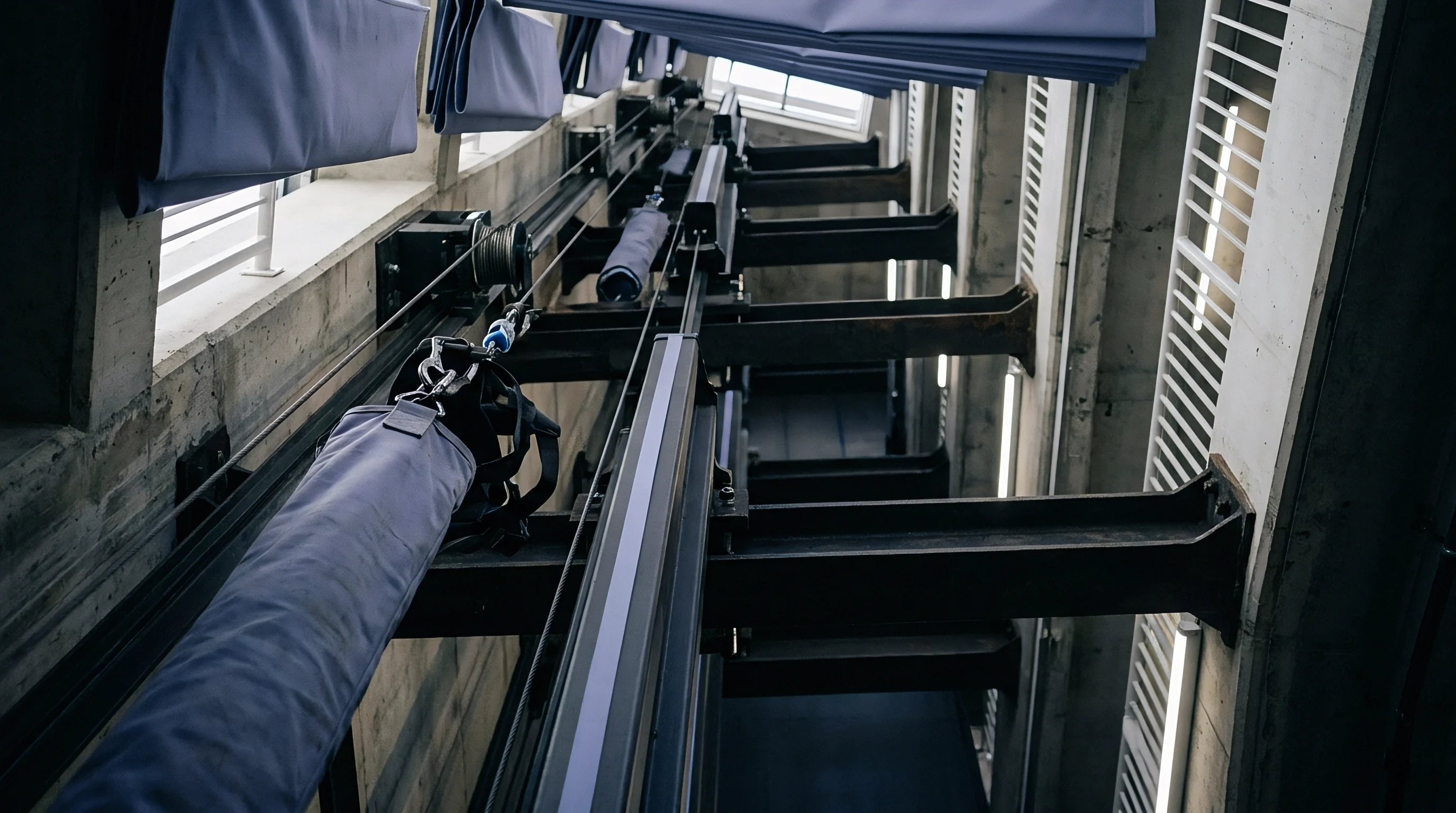 An industrial concrete and steel structure frames an open elevator shaft with exposed cables, pulleys, and robust guide rails ascending into the light.