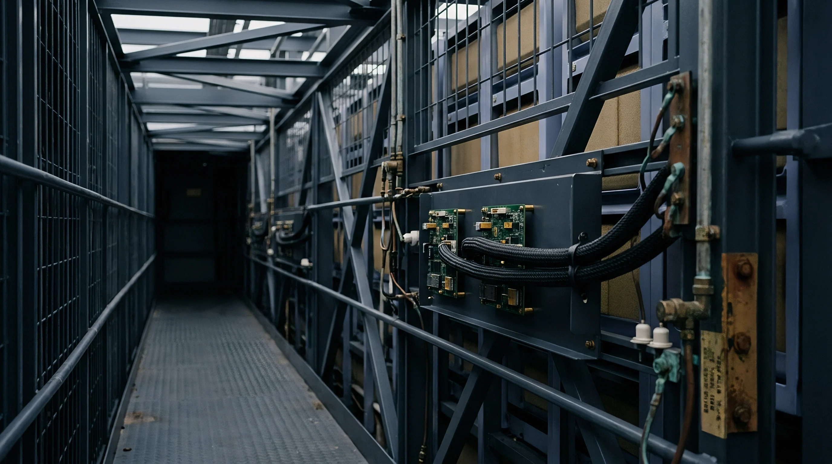 Steel grating forms a narrow industrial walkway flanked by wire mesh partitions and mounted electrical control panels inside a manufacturing plant.