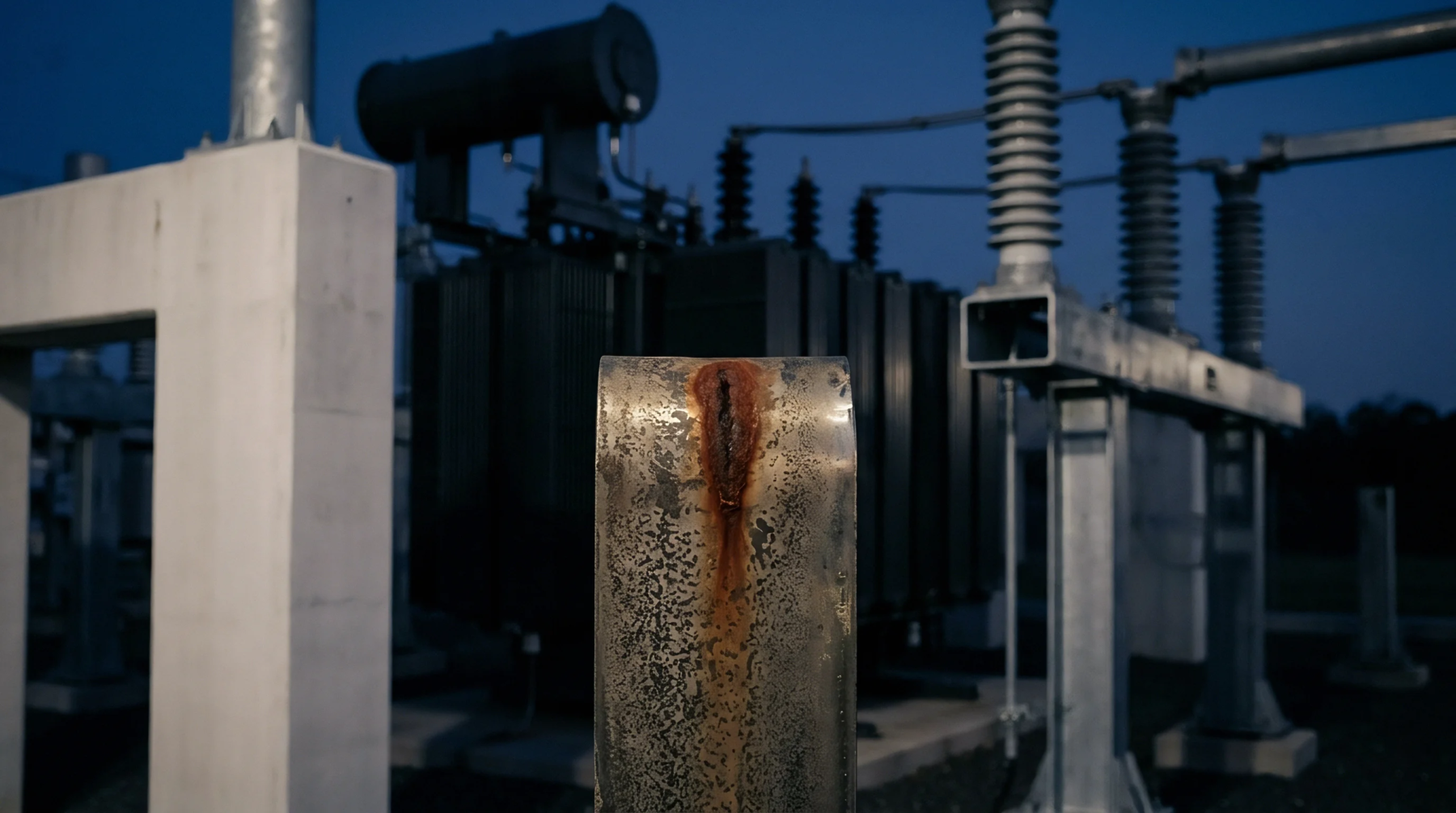 Rusted steel structural infrastructure component stands before an industrial electrical transformer and ceramic insulators within a high voltage power substation.