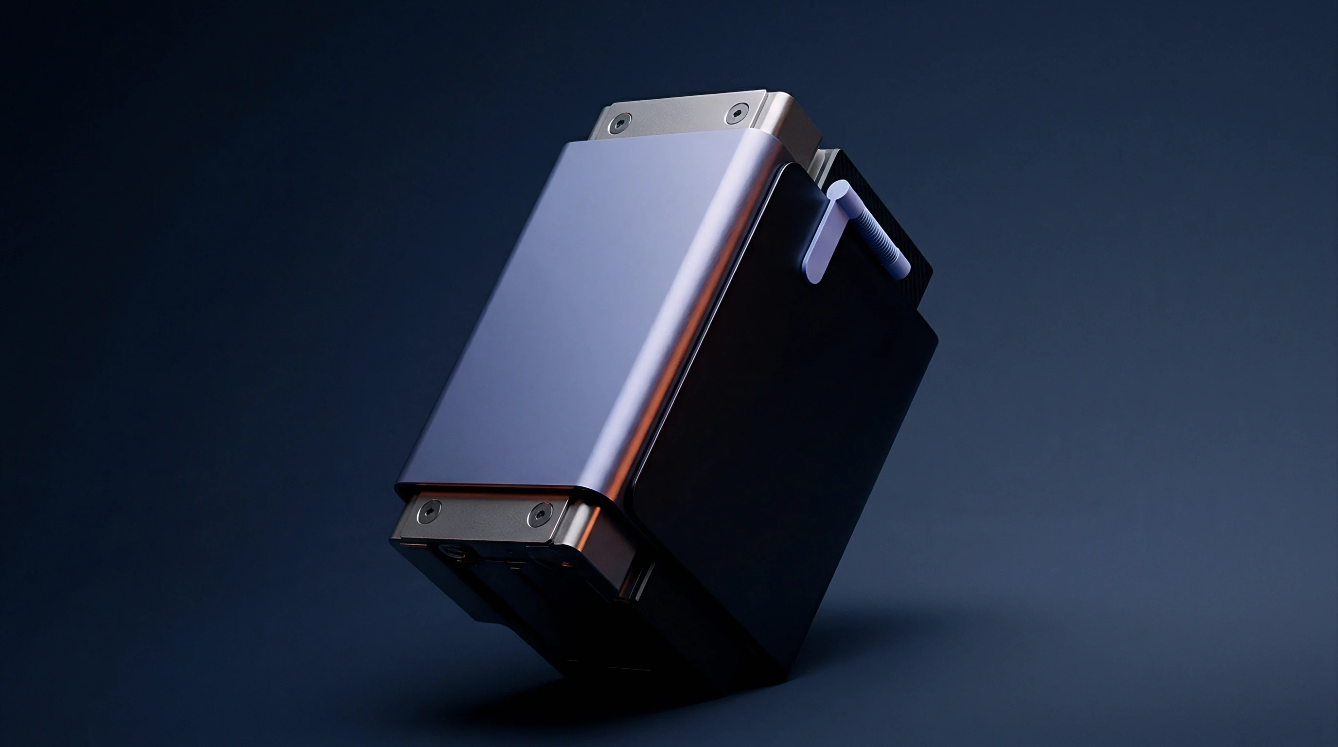 A sleek rendered battery module component stands angled against a dark background, featuring brushed metallic accents and a luminous purple indicator.