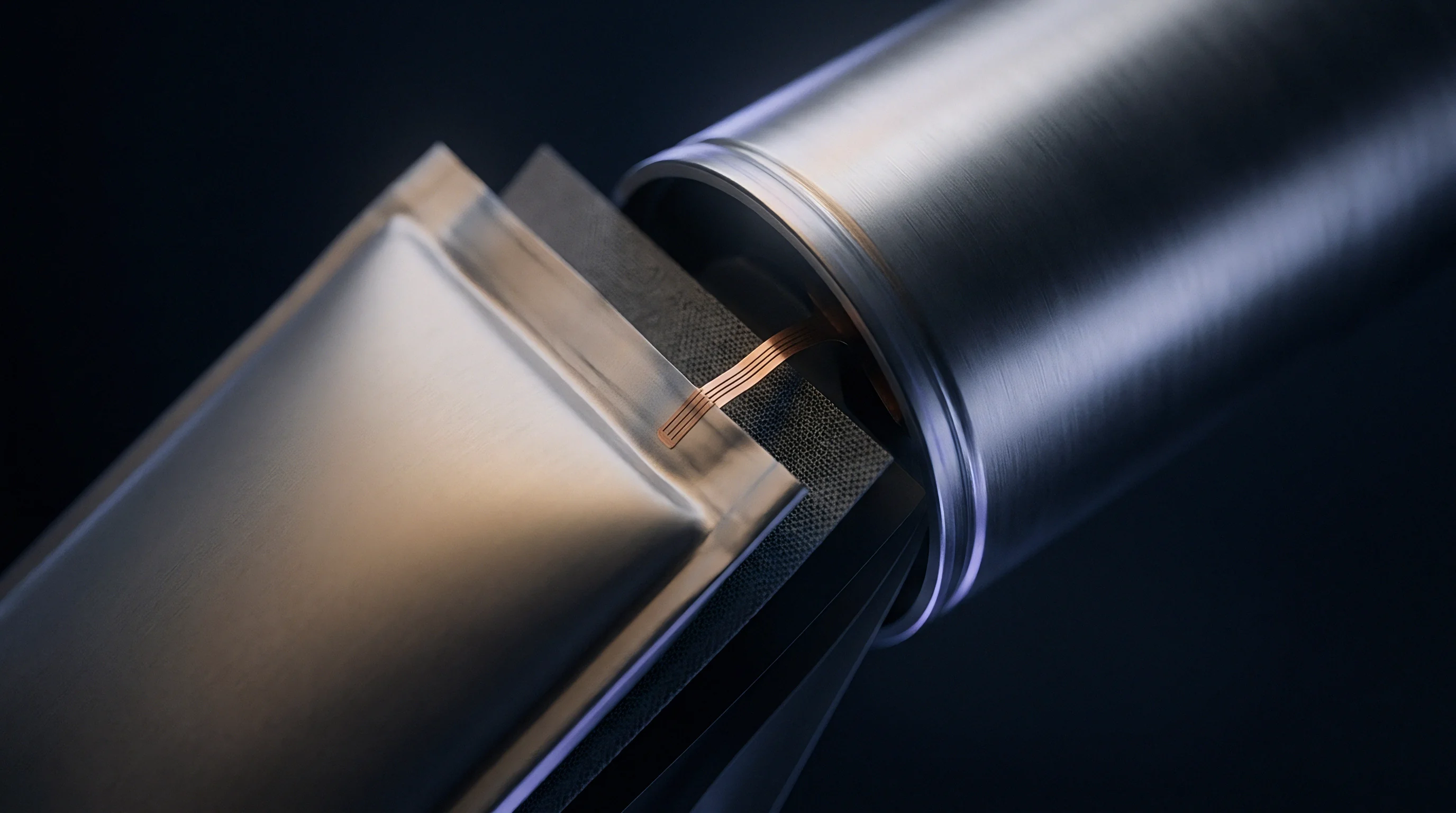 A technical illustration reveals the layered internal components of a cylindrical battery cell, featuring electrode stacks and connection points within its metallic casing.