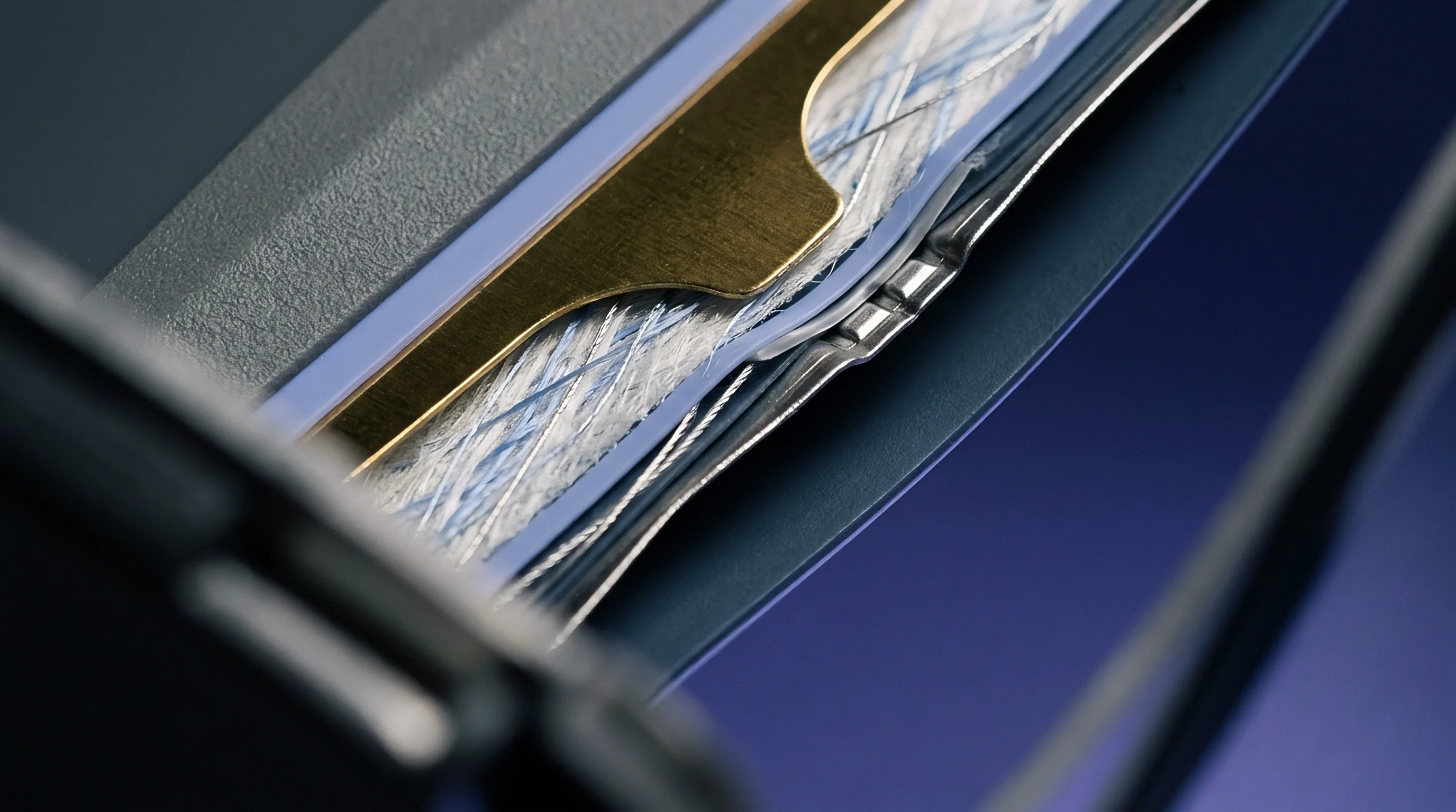 Precision cutaway reveals stacked metallic foils, fibrous separator materials, and welded current collector tabs inside an advanced energy storage cell.