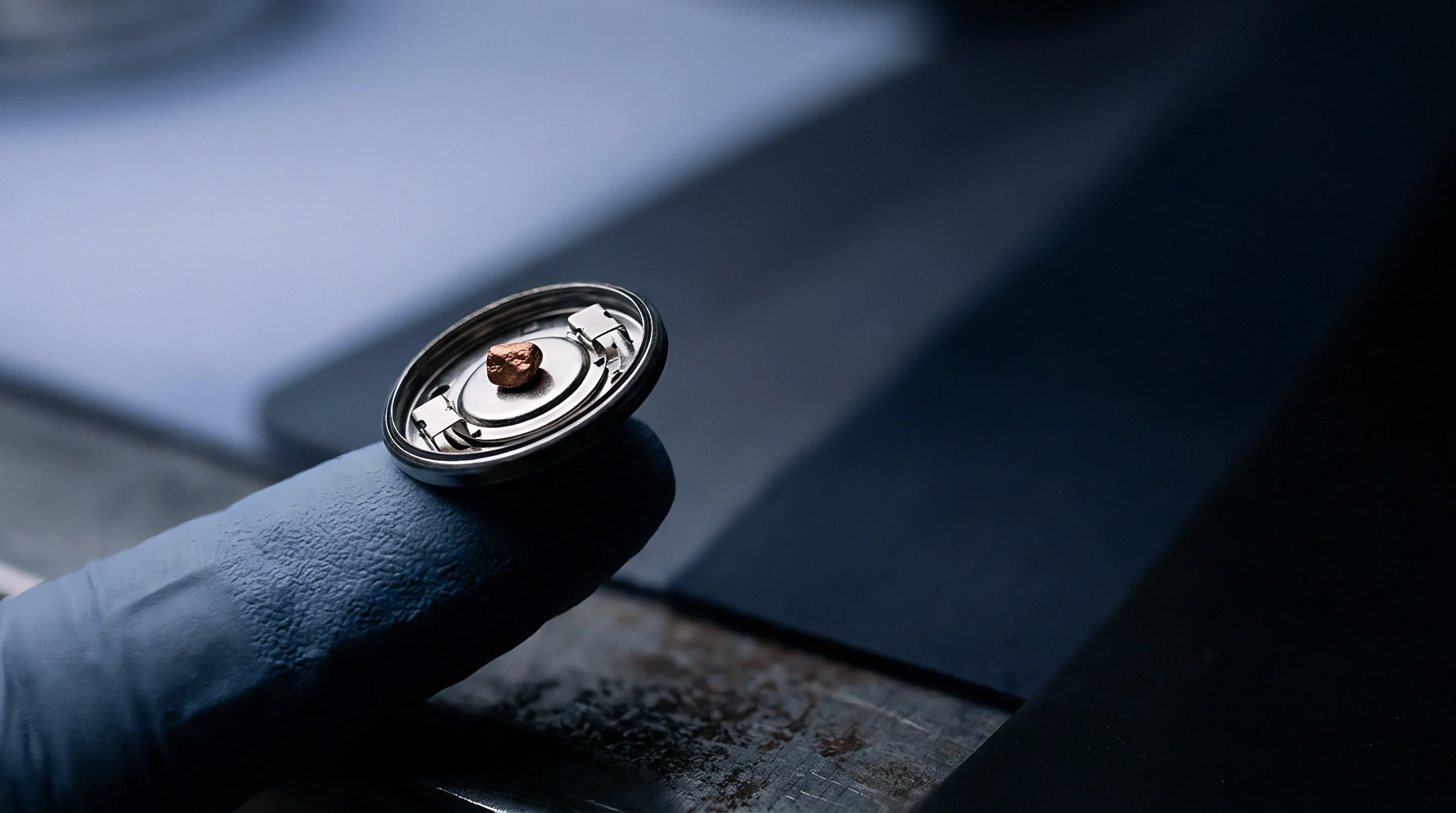 A gloved hand carefully holds the positive terminal assembly of a miniature battery containing a rough, reddish-brown cathode material sample.