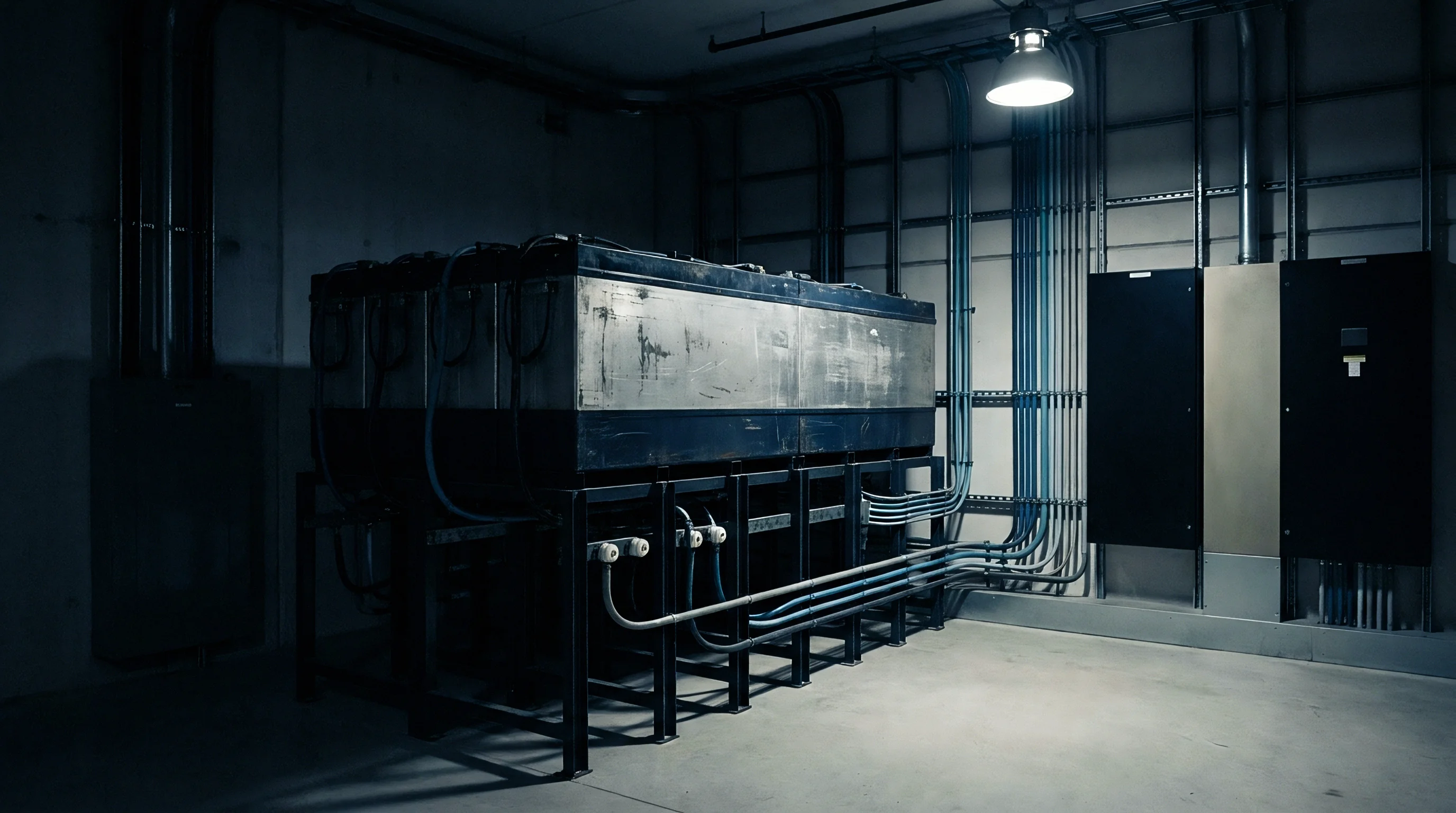 A heavy metallic battery energy storage enclosure stands inside a windowless concrete technical vault equipped with electrical control panels and overhead conduits.
