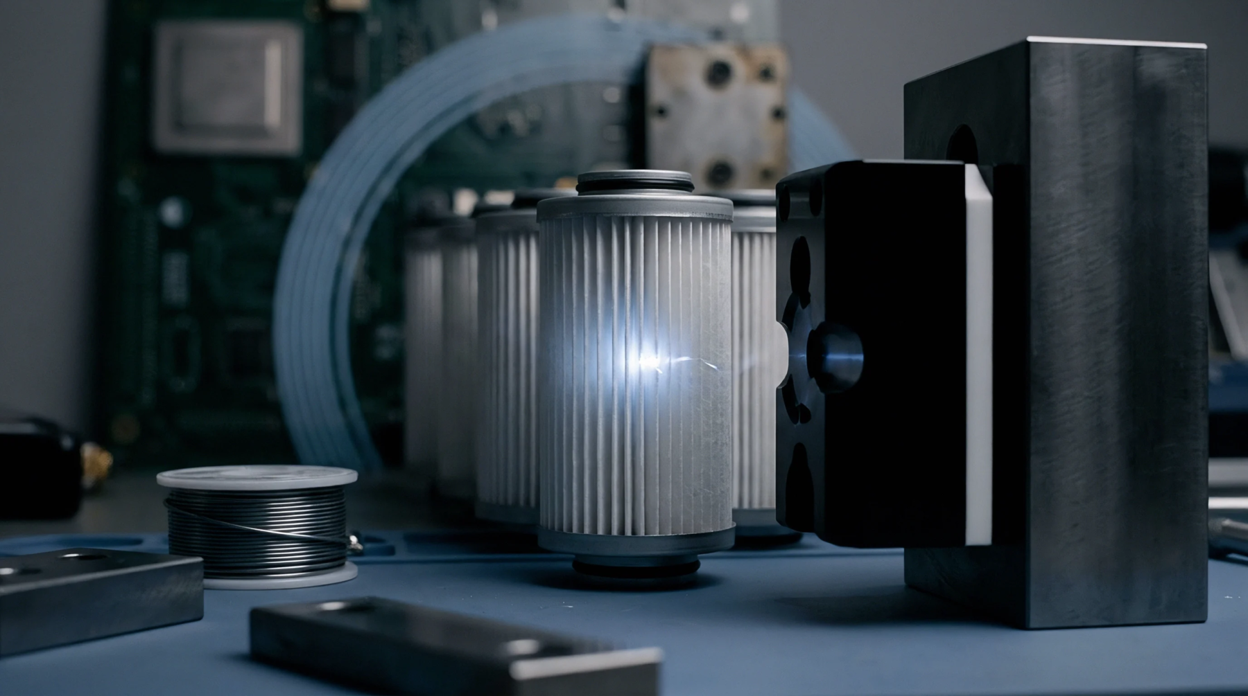Cylindrical pleated filter elements stand on a workshop bench during automated laser inspection next to sensor equipment and metallic components.