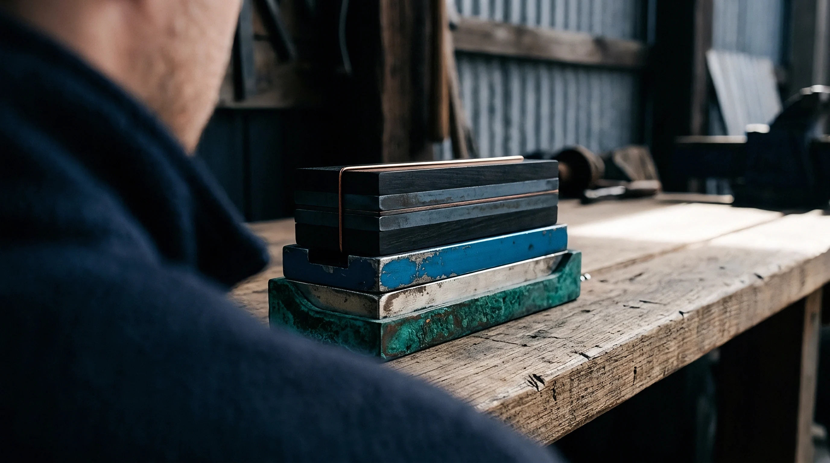 Stacked metal plates and composite battery cell components rest on a weathered wooden workbench inside a manufacturing workshop.