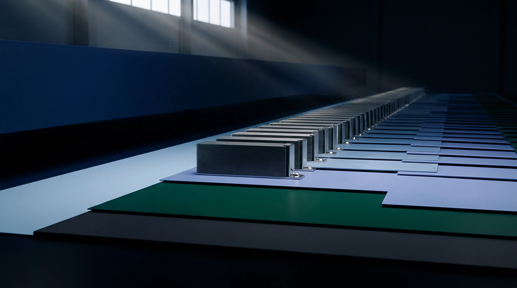 Digital render displays aligned rows of metal cooling fins mounted across stacked composite plates inside a dark industrial facility.
