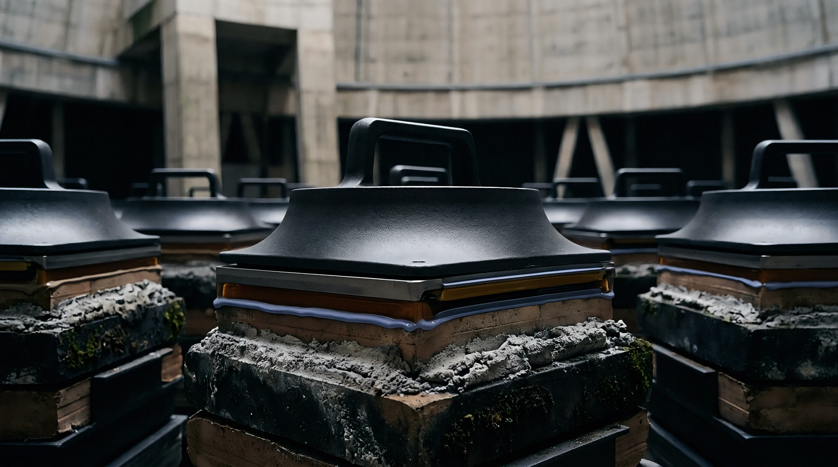 Stacked units featuring layered composite materials and black handles are presented within a large industrial concrete facility.