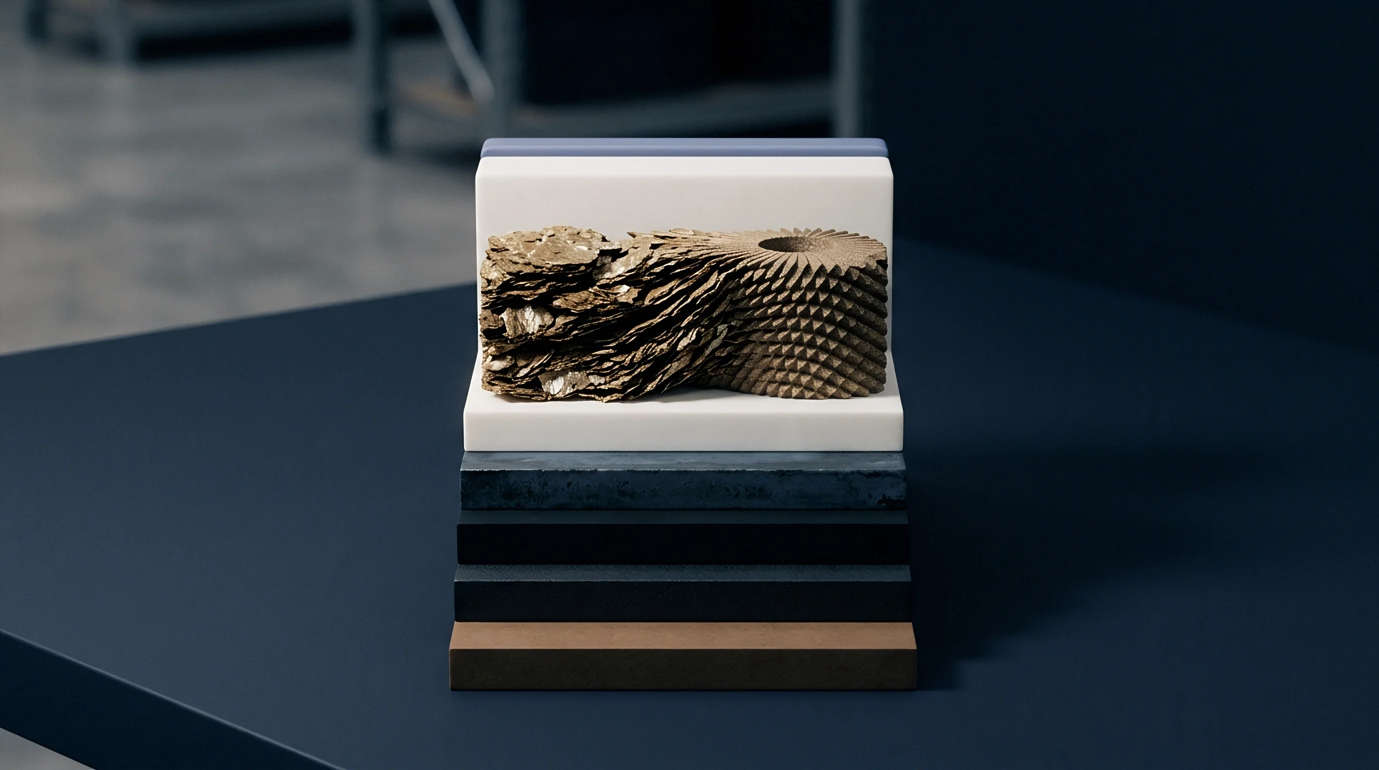 This arrangement displays a vertical stack of diverse material layers, topped with a complex textured element resembling mineral flakes, against a dark background.