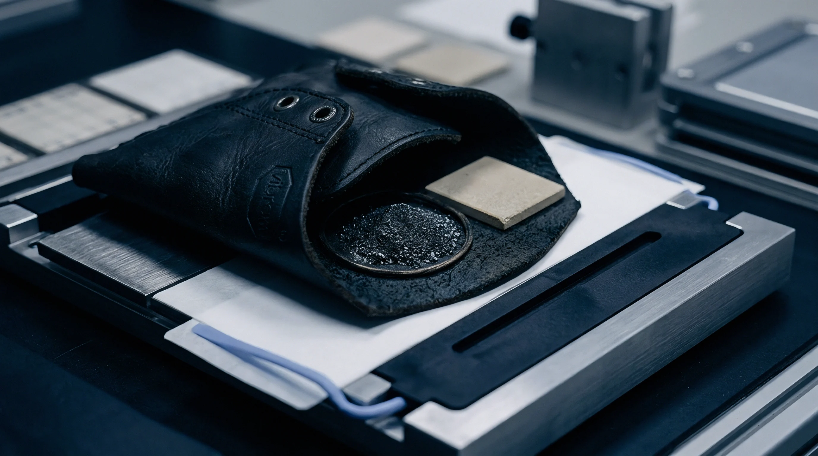 A black leather pouch holds granular dark battery material and a square reference sample on a laboratory testing fixture.