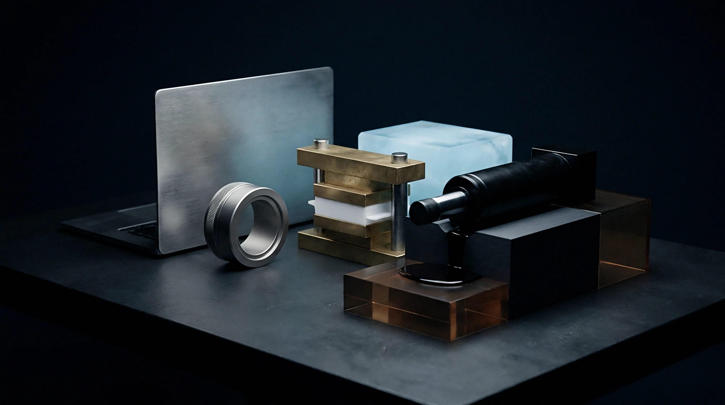 Laboratory battery prototypes, precision machined metal components, and a brass fixture are arranged on a dark grey workbench in this digital render.