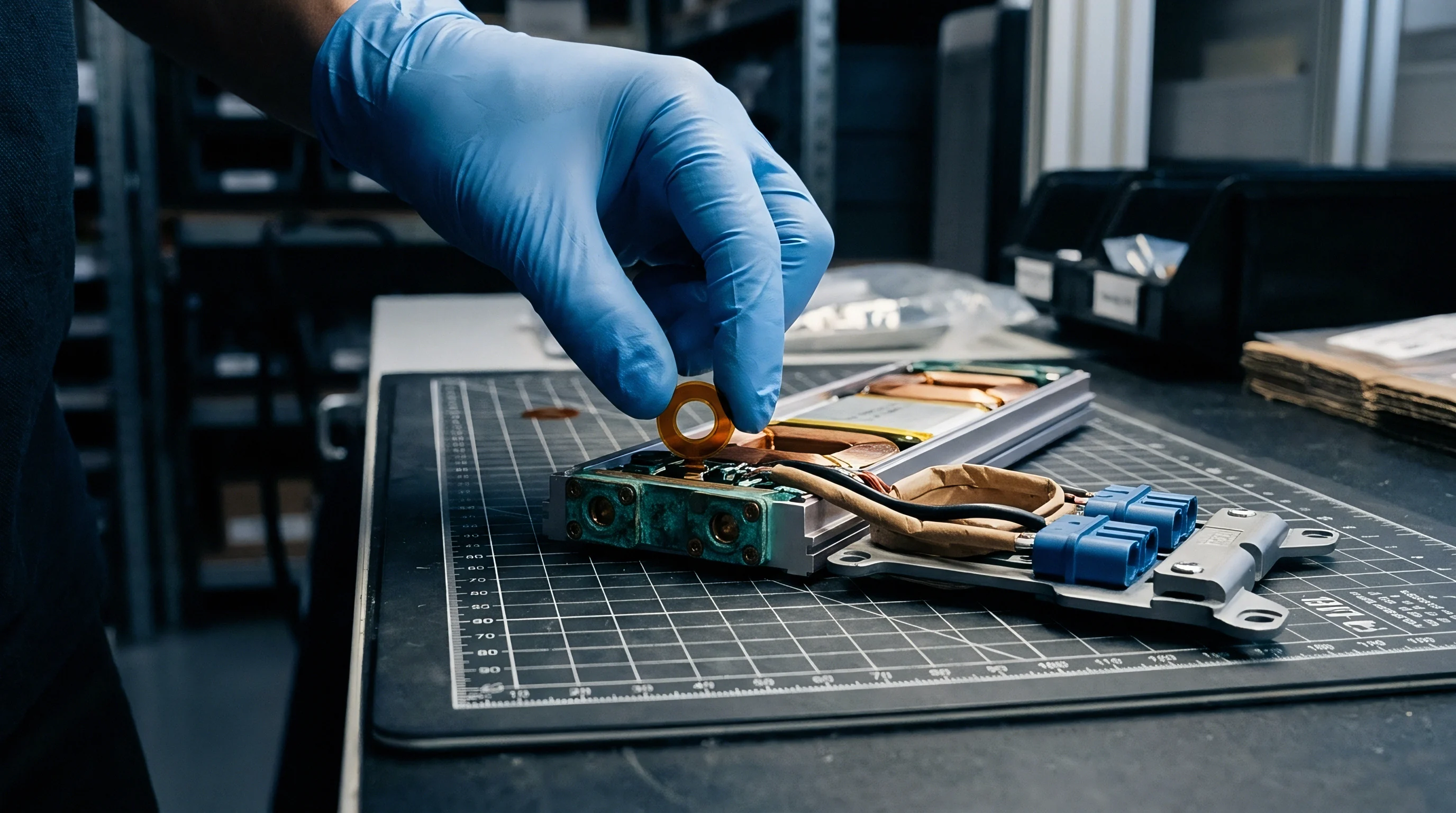 Gloved hands manipulate a small copper ring above an open battery module on a black grid mat in a manufacturing facility.