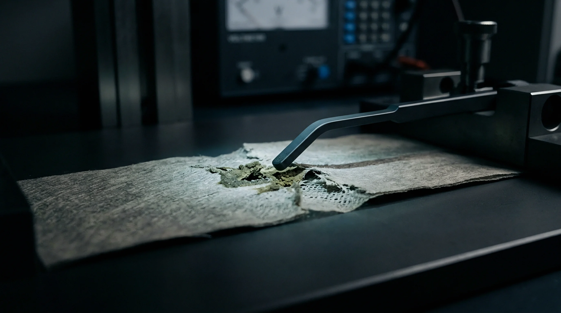 A metallic testing probe rests above a ruptured porous separator membrane placed on a dark analytical workstation inside a laboratory.