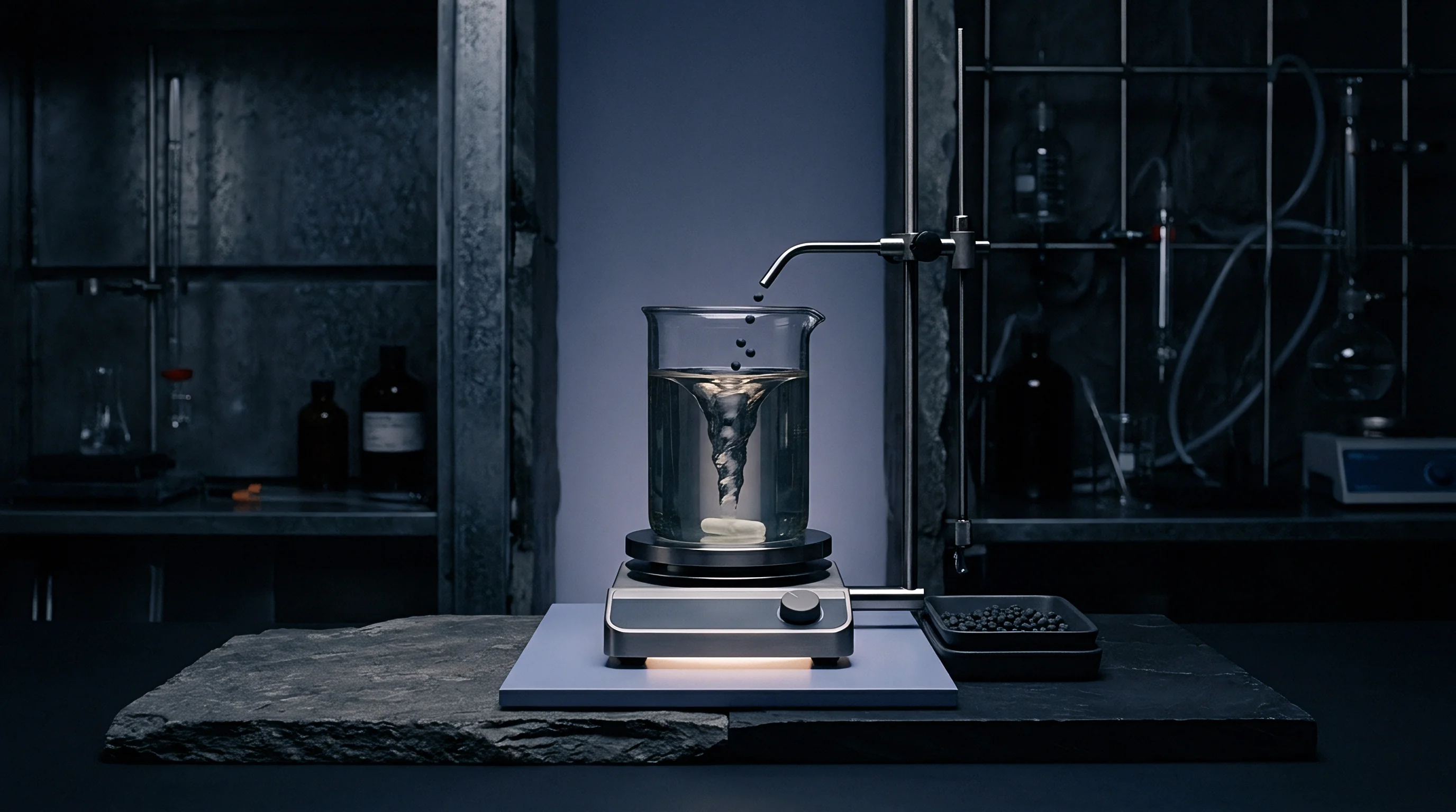 Industrial lab equipment facilitates chemical mixing within a glass beaker containing clear fluid while small black particles enter from above.