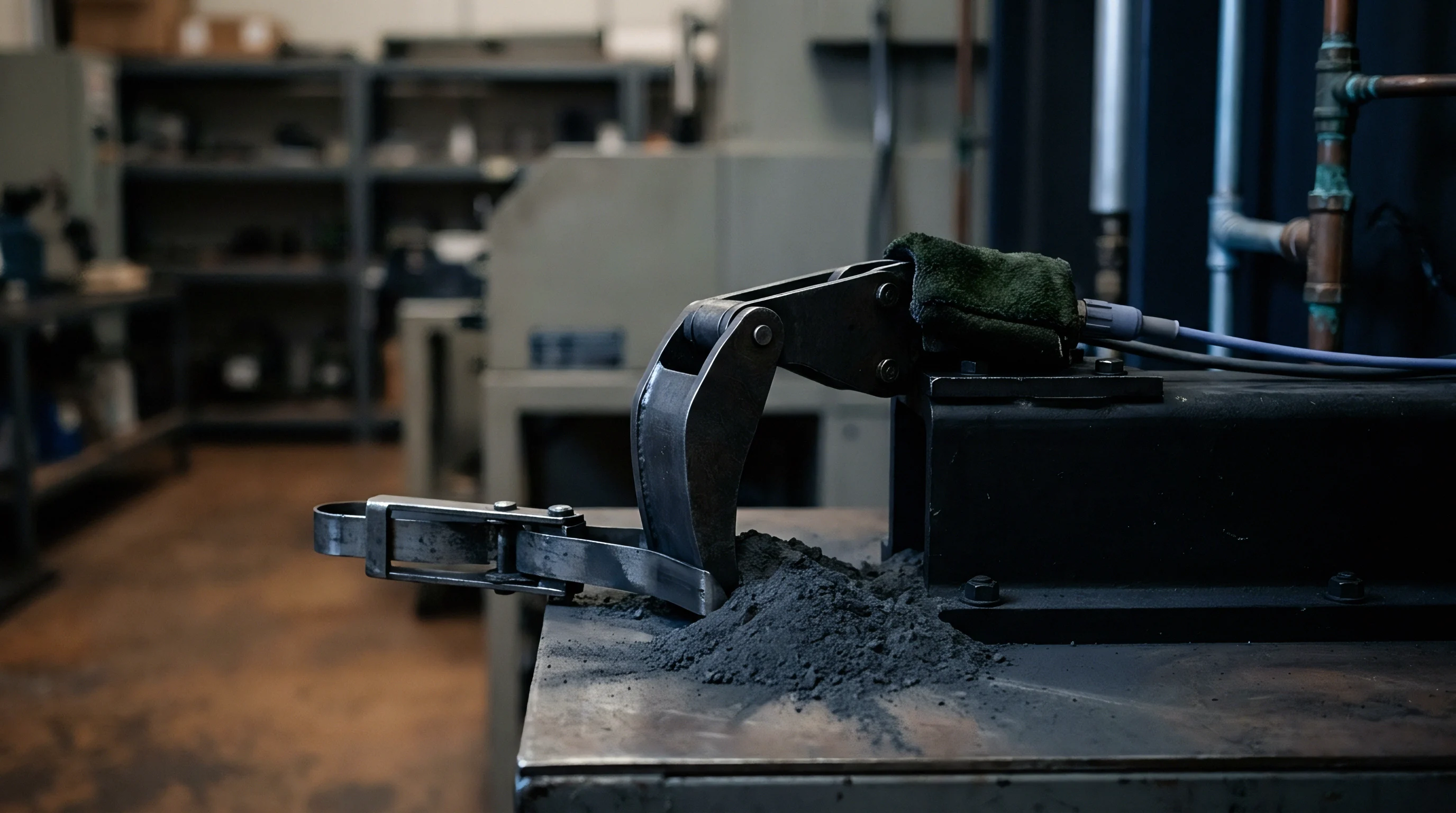 A mechanical articulated arm rests above a pile of fine gray conductive powder on a heavy metal laboratory workstation surface.