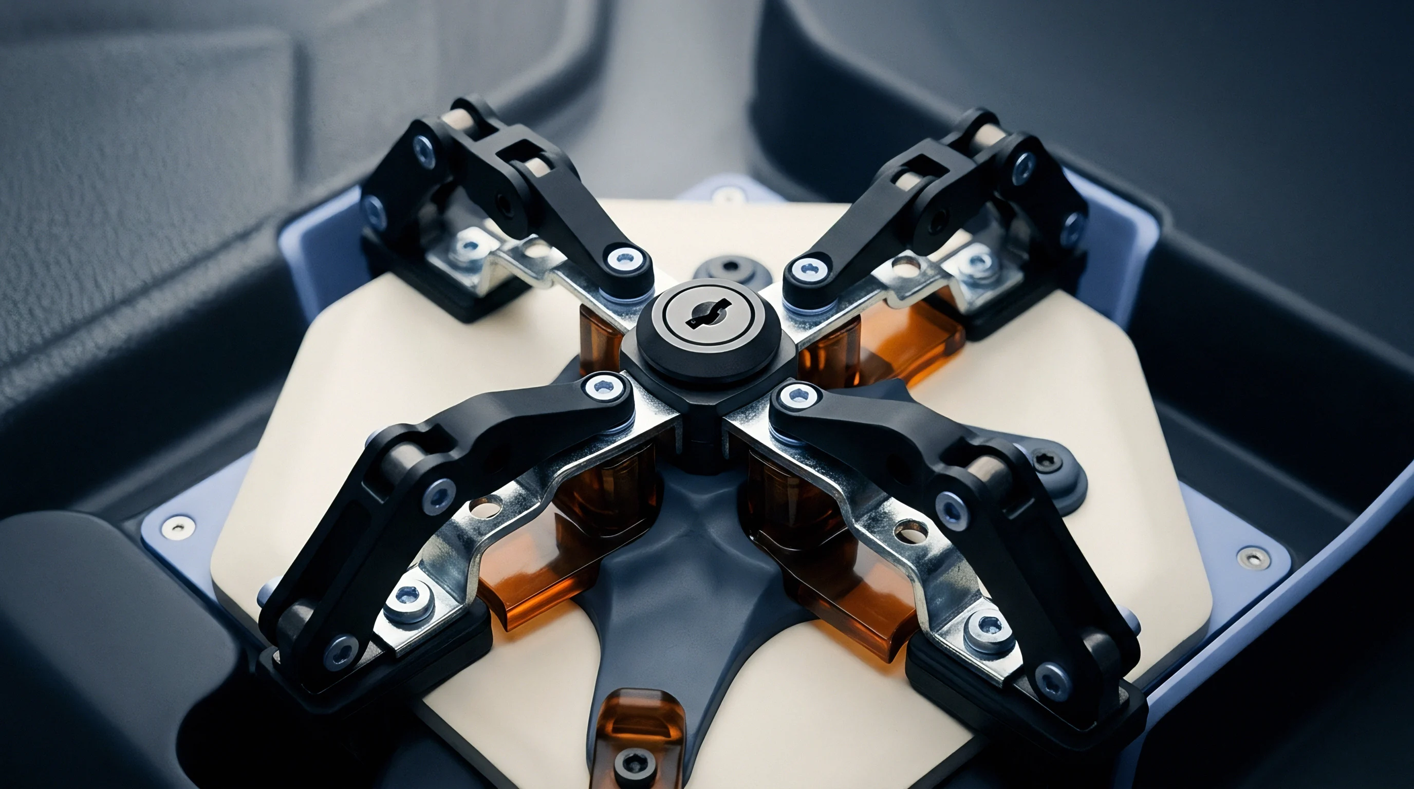 A computer generated render shows four hinged metallic linkage arms securing an industrial battery module core inside a composite fixture.