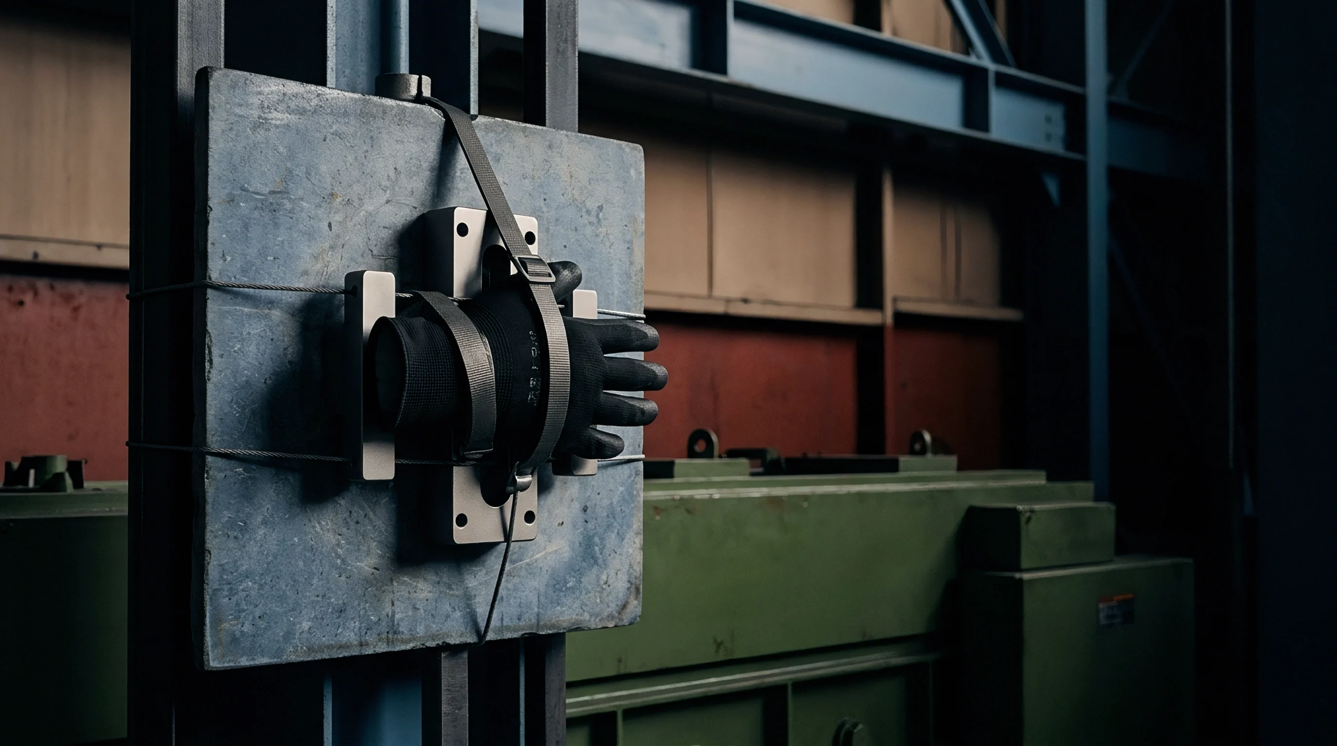 A reinforced protective glove strapped to a concrete impact plate stands mounted on steel structural columns inside a heavy manufacturing assembly plant.