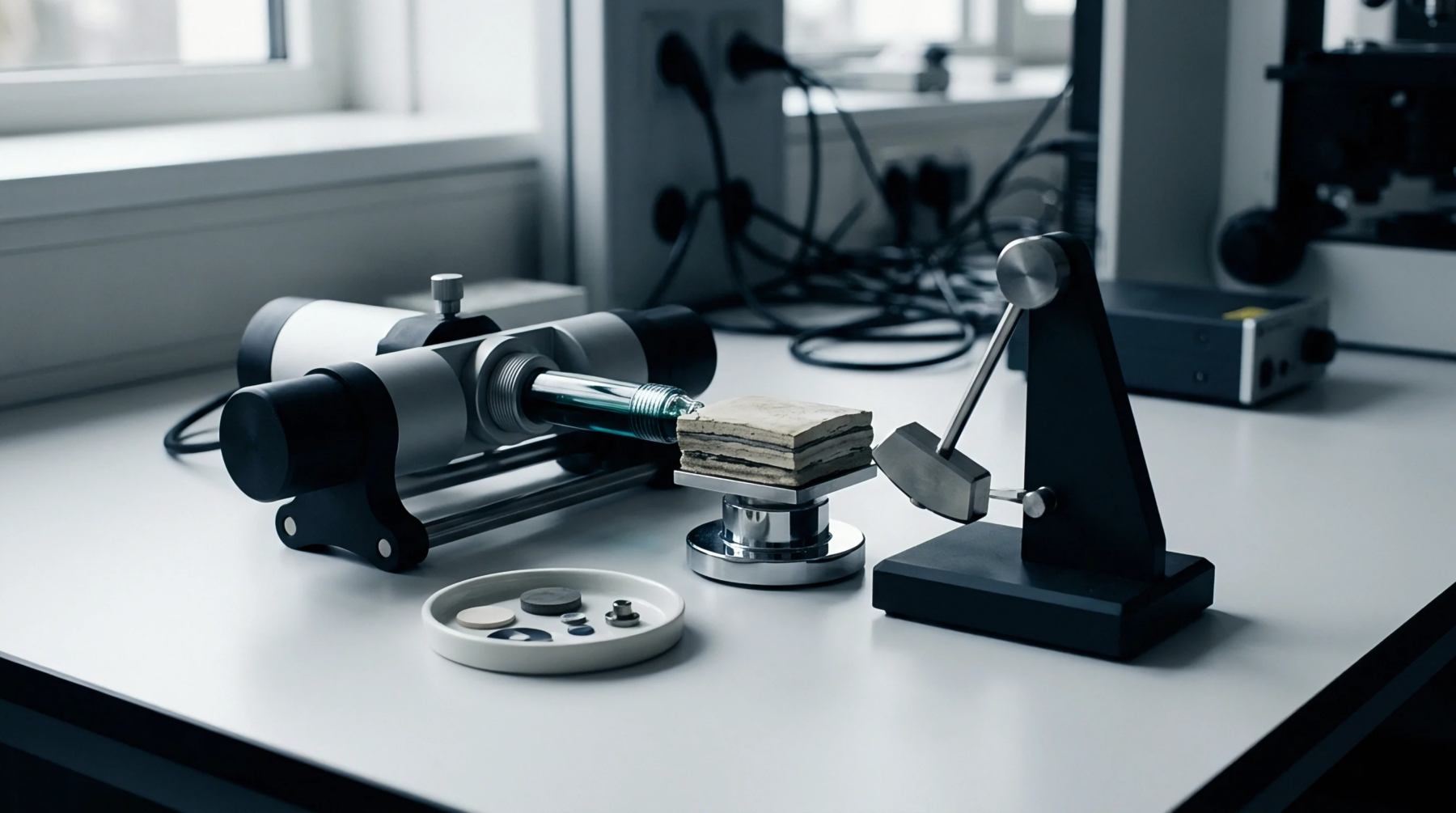 A mechanical testing apparatus evaluates layered solid state electrolyte samples on a white laboratory workbench next to component sorting trays.