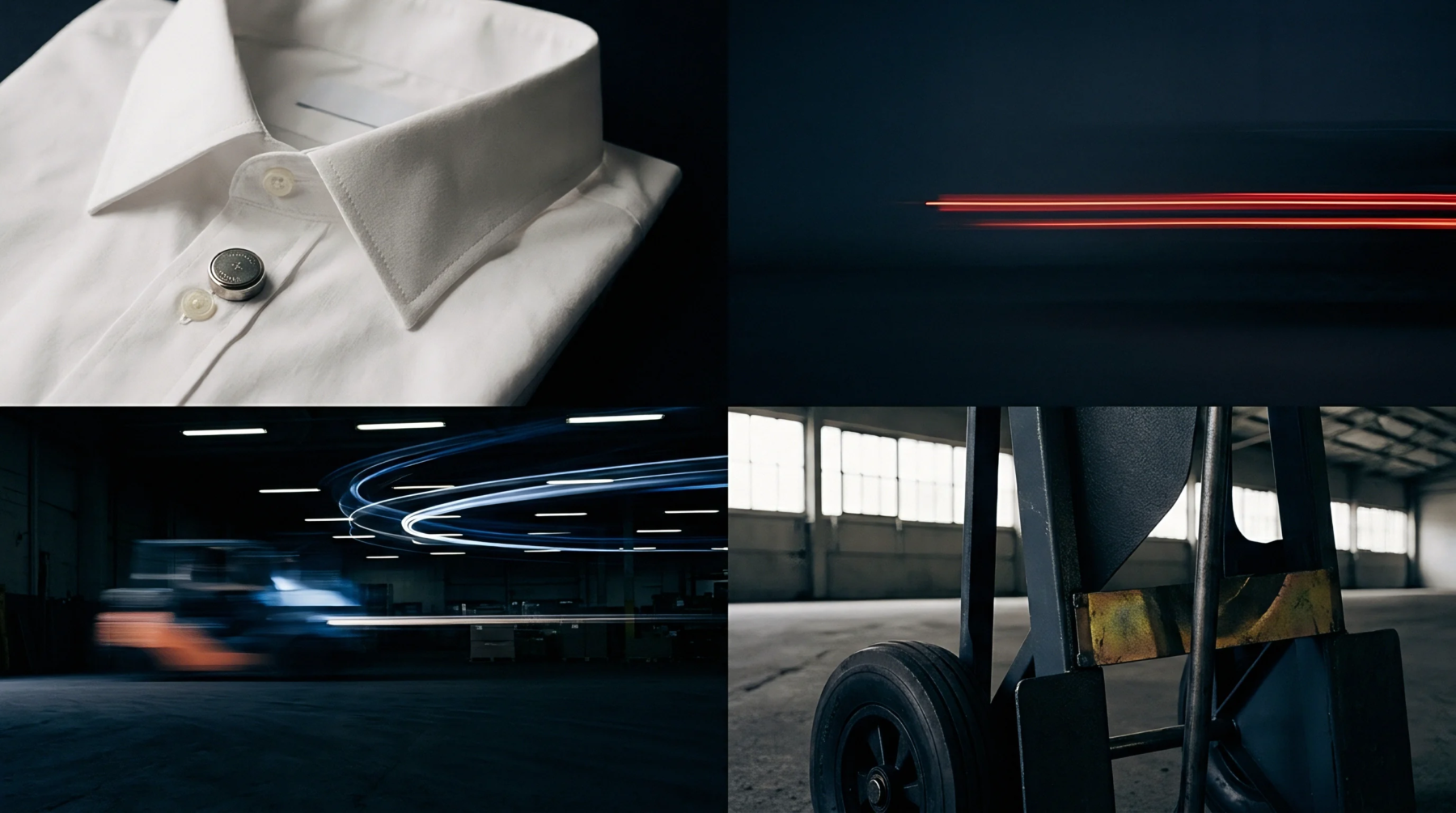 A coin cell battery rests on the fabric placket of a white dress shirt beside warehouse logistics motion trails and industrial material handling equipment.