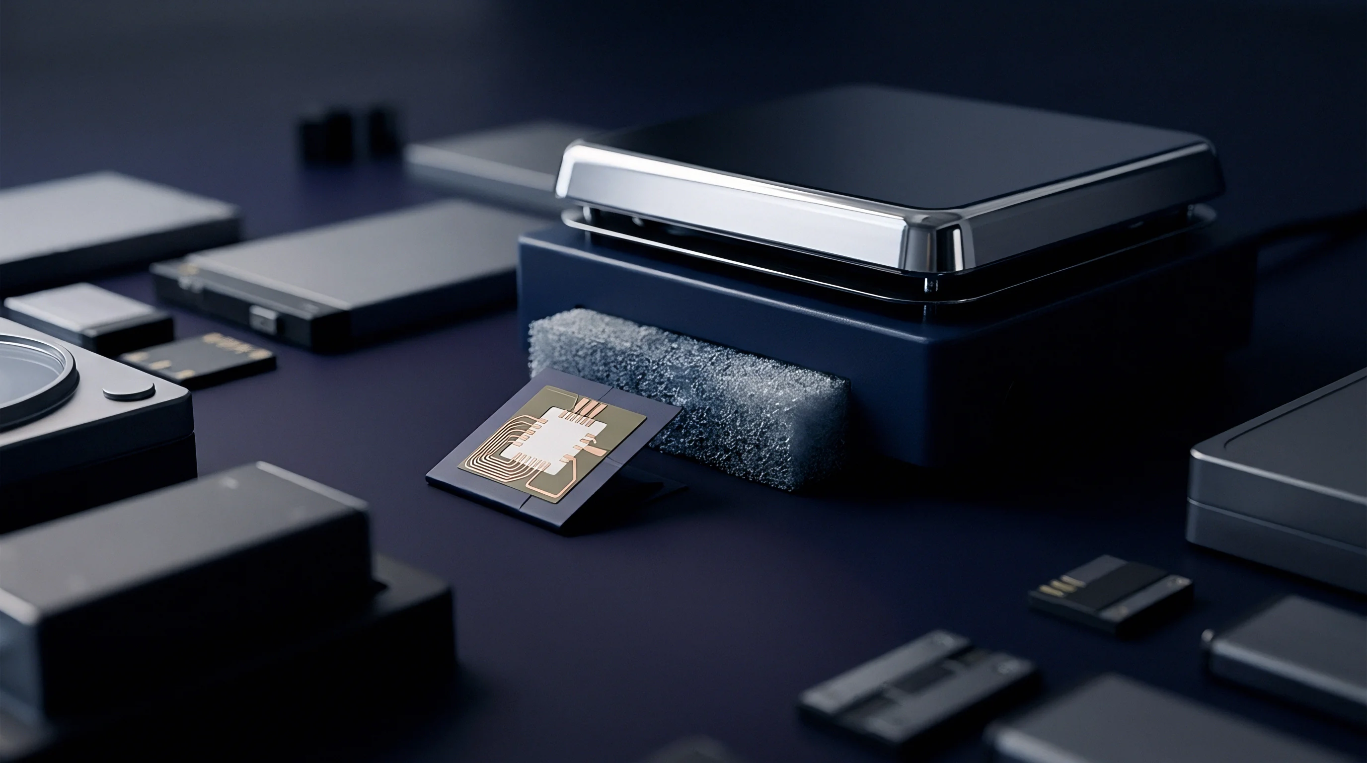 Printed circuit boards and energy storage modules rest on a dark matte surface alongside industrial electronic housings during hardware assembly.