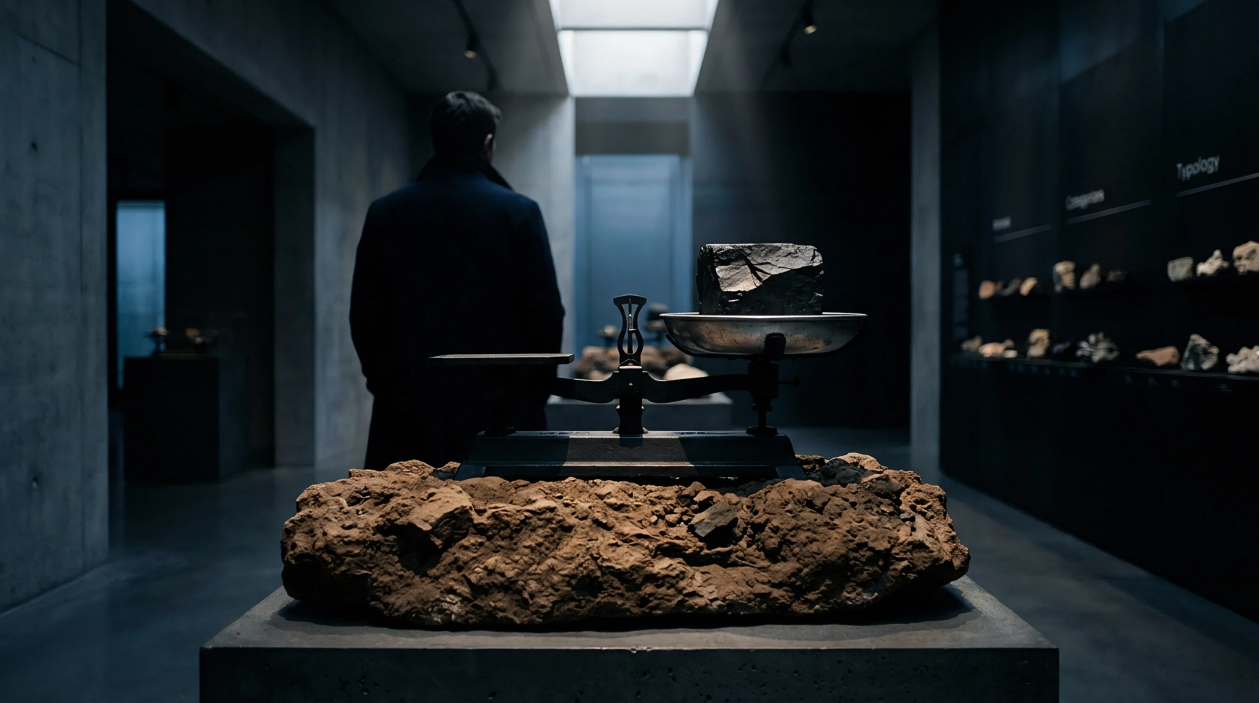 A dark, rough mineral sample is precisely weighed on an antique balance scale set upon a mound of earth within a modern exhibition hall.