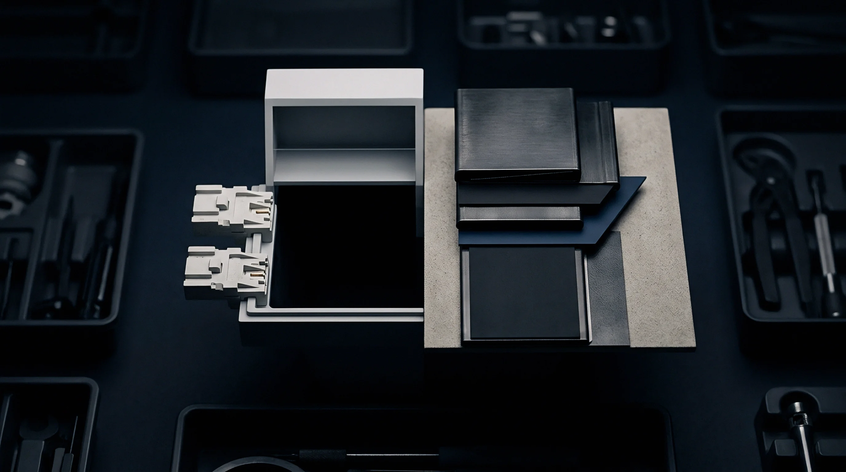 A modular energy storage enclosure prototype rests beside material layers inside a precision manufacturing tool assembly station.
