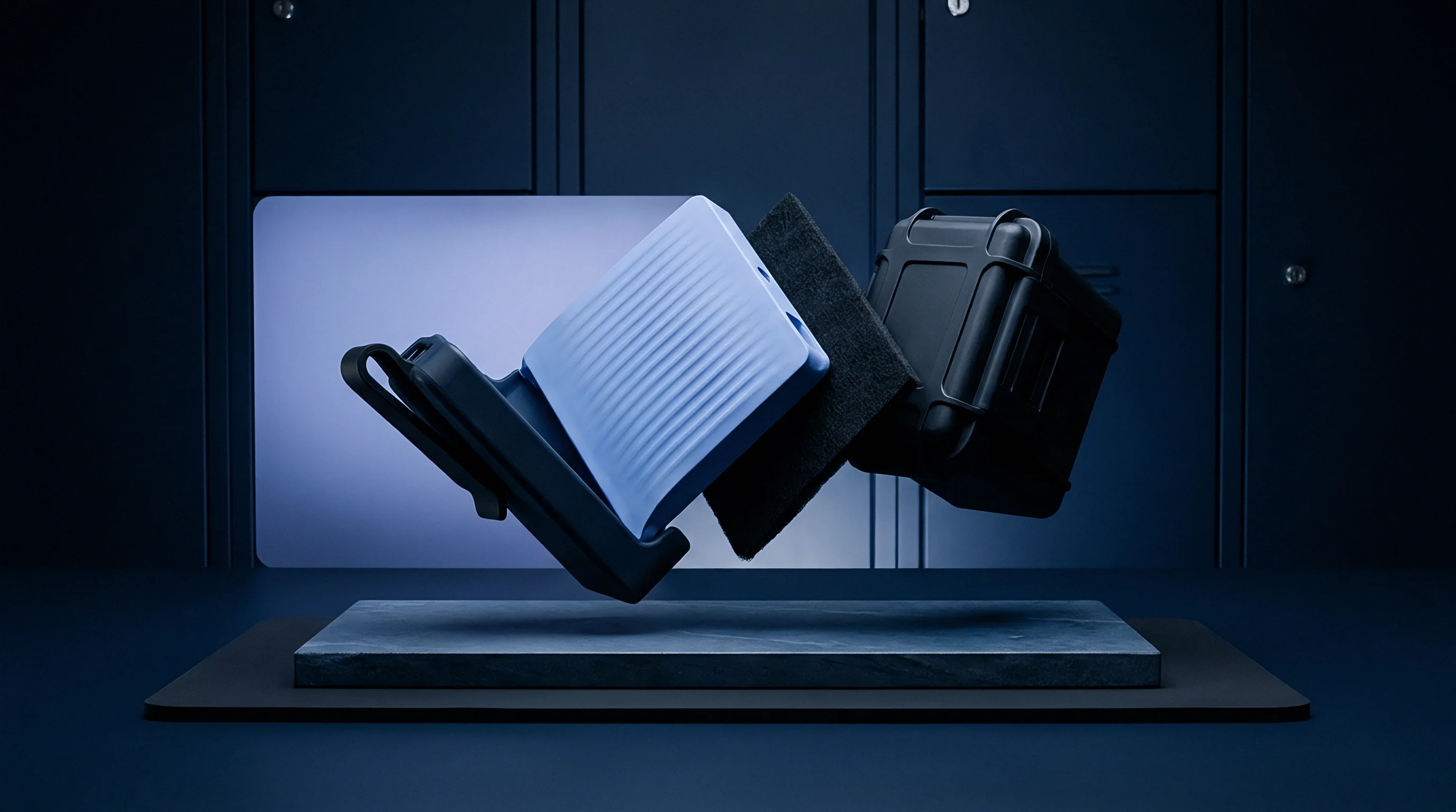 Disassembled polymer battery enclosure parts and protective foam layers float above a dark stone platform inside a manufacturing testing chamber.