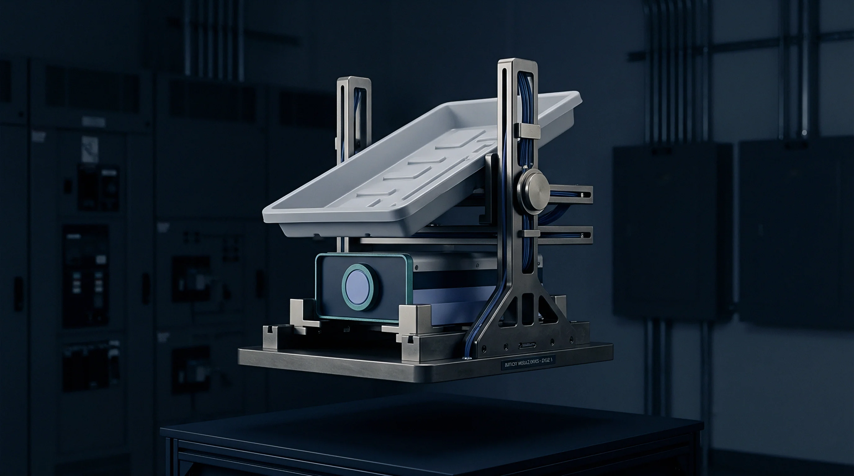 Precision industrial test fixture frames a molded polymer tray above diagnostic hardware within a dark manufacturing environment.