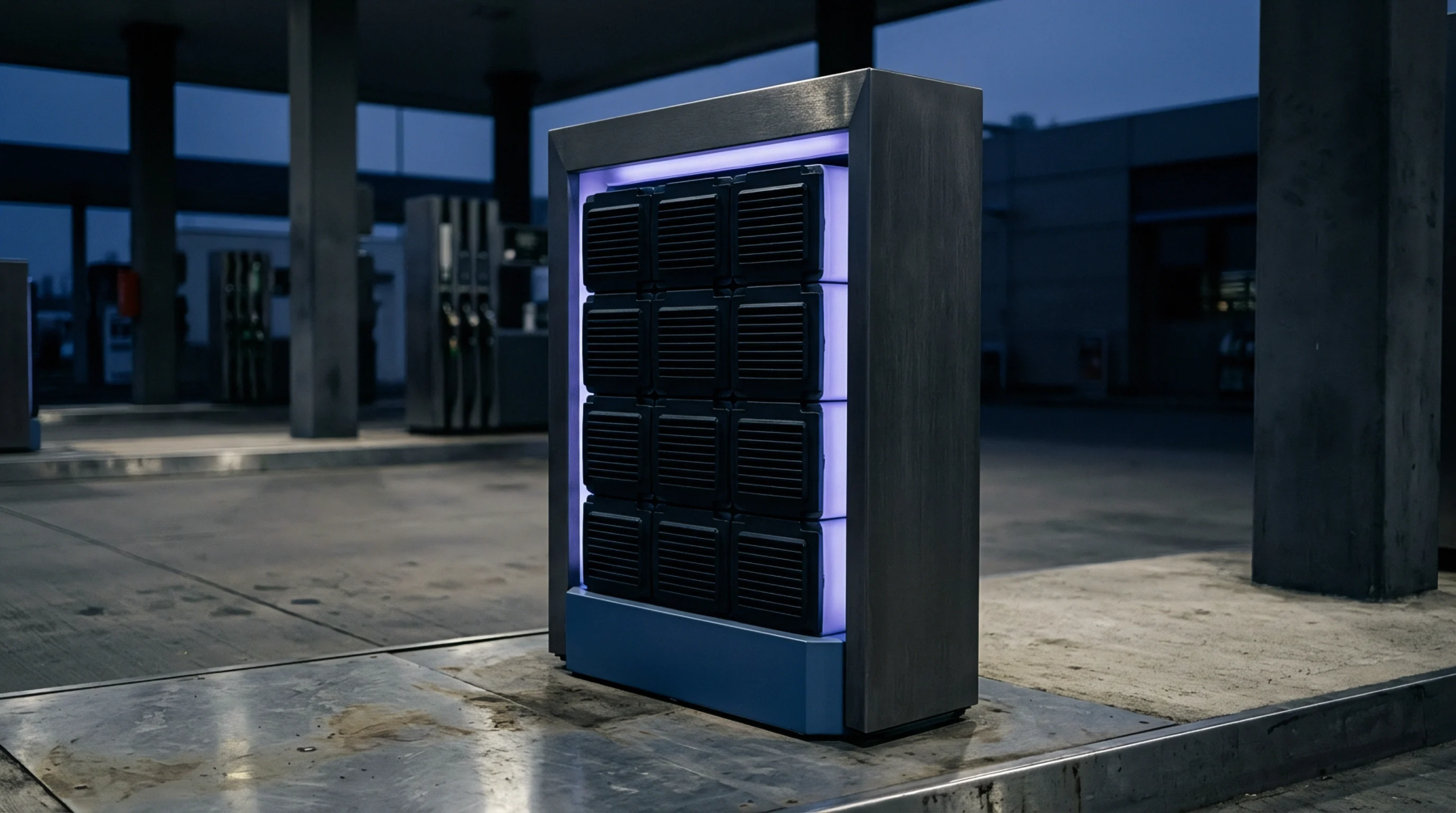 A modular battery swapping terminal stands on a concrete forecourt at a refueling station under twilight skies.