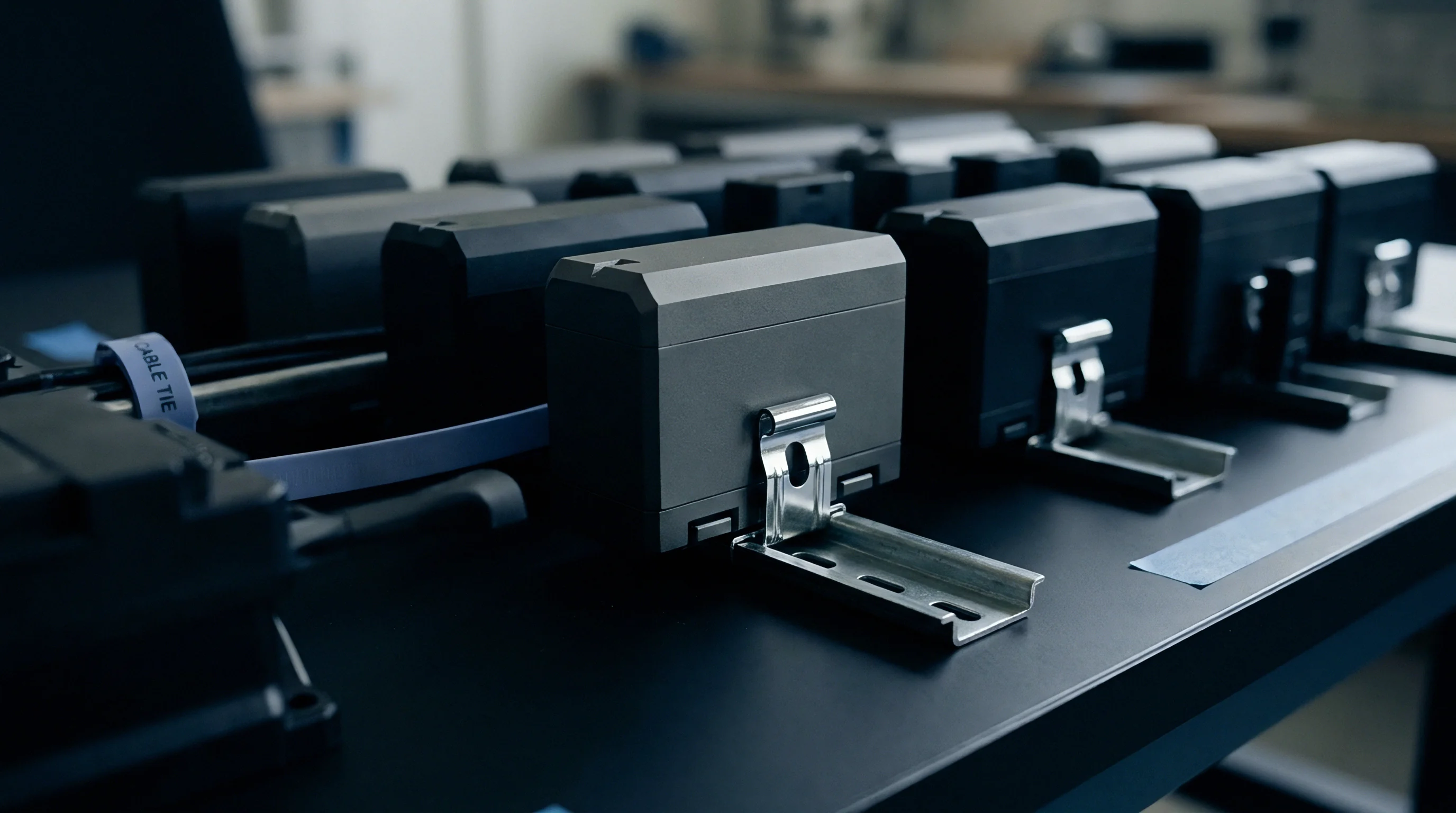 Uniform grey and black rectangular power storage units sit secured to metallic mounting rails on a dark workshop workbench.