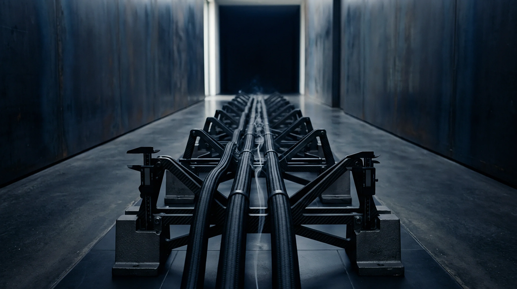 Parallel high voltage composite cables rest upon rigid industrial support brackets extending down a long testing tunnel.