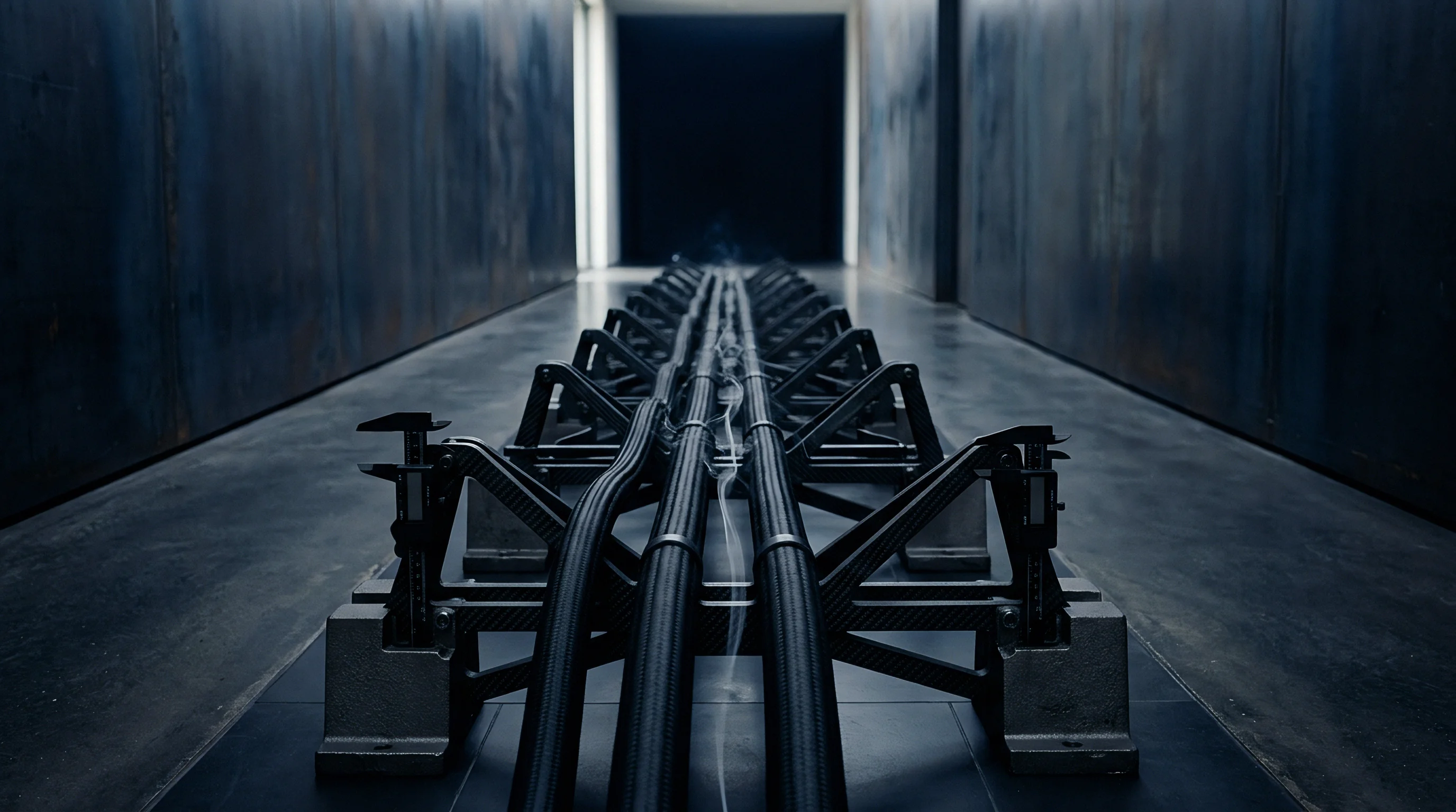 Parallel high voltage composite cables rest upon rigid industrial support brackets extending down a long testing tunnel.