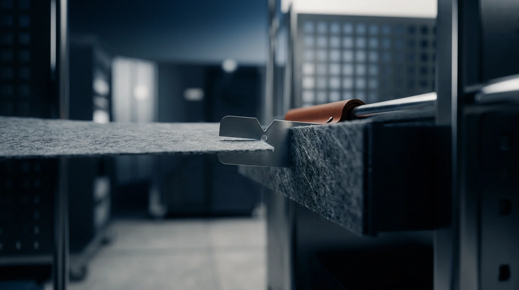 A metal guide tool aligns a sheet of fibrous gray nonwoven material during an automated cutting process in a battery manufacturing facility.