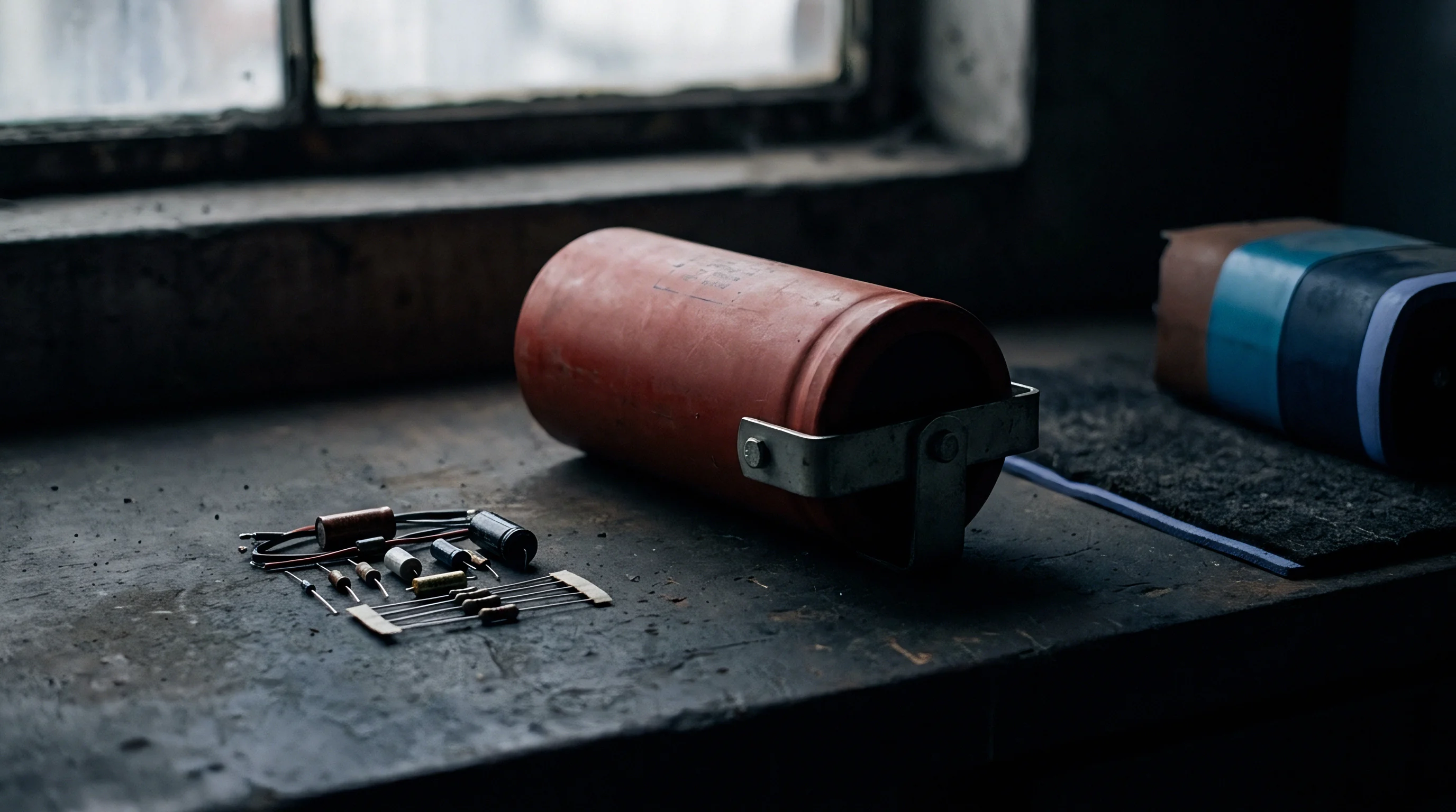 A large cylindrical industrial capacitor sits beside a collection of small passive electronic components arranged on a dark worn workbench surface.