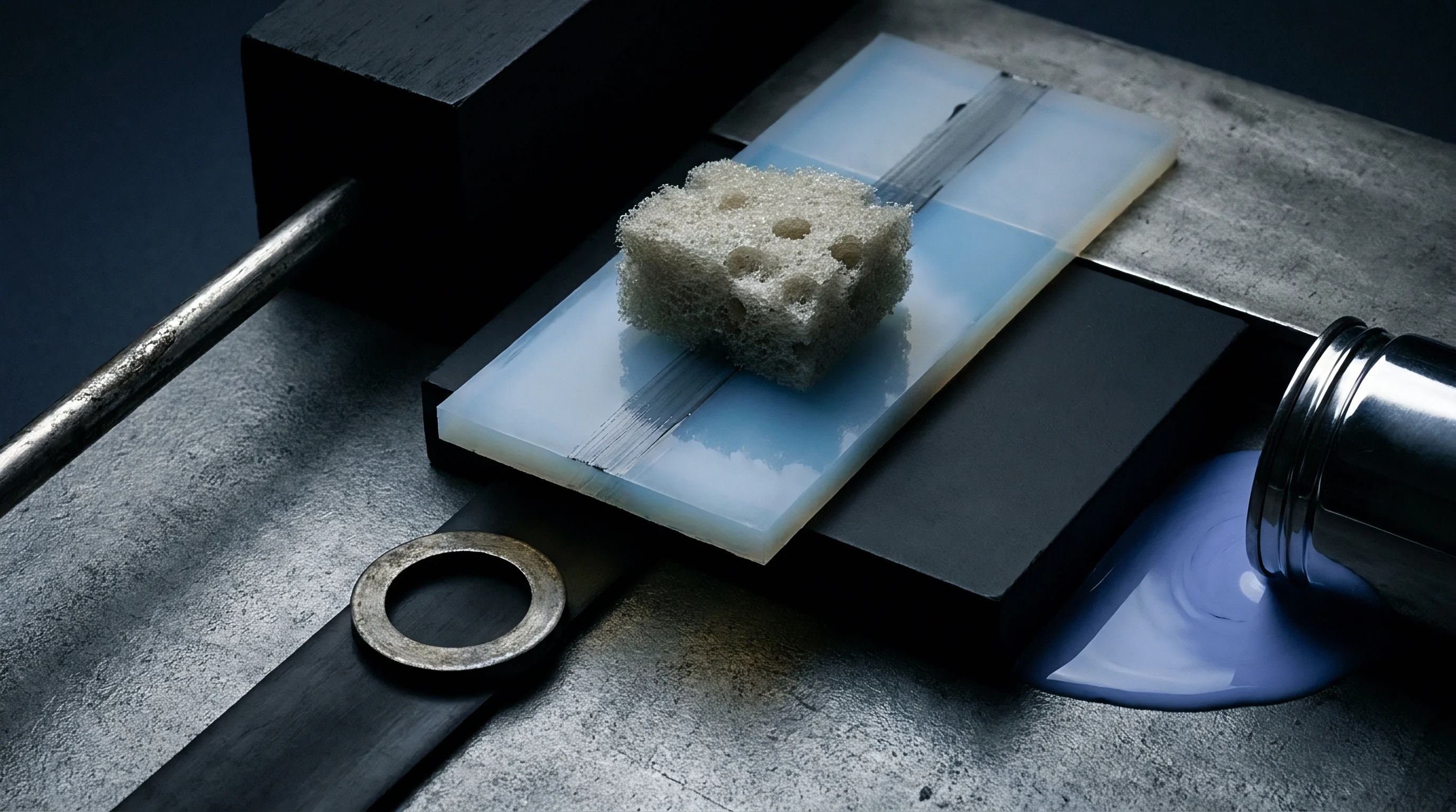 A porous separator sample rests on a translucent substrate beside industrial tooling on a metal workbench.