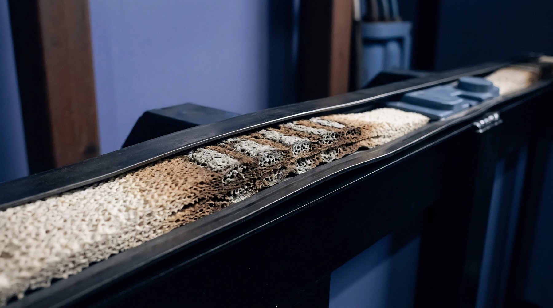 A layered porous metallic substrate sits within a dark industrial guide rail during a precision manufacturing stage for energy storage components.