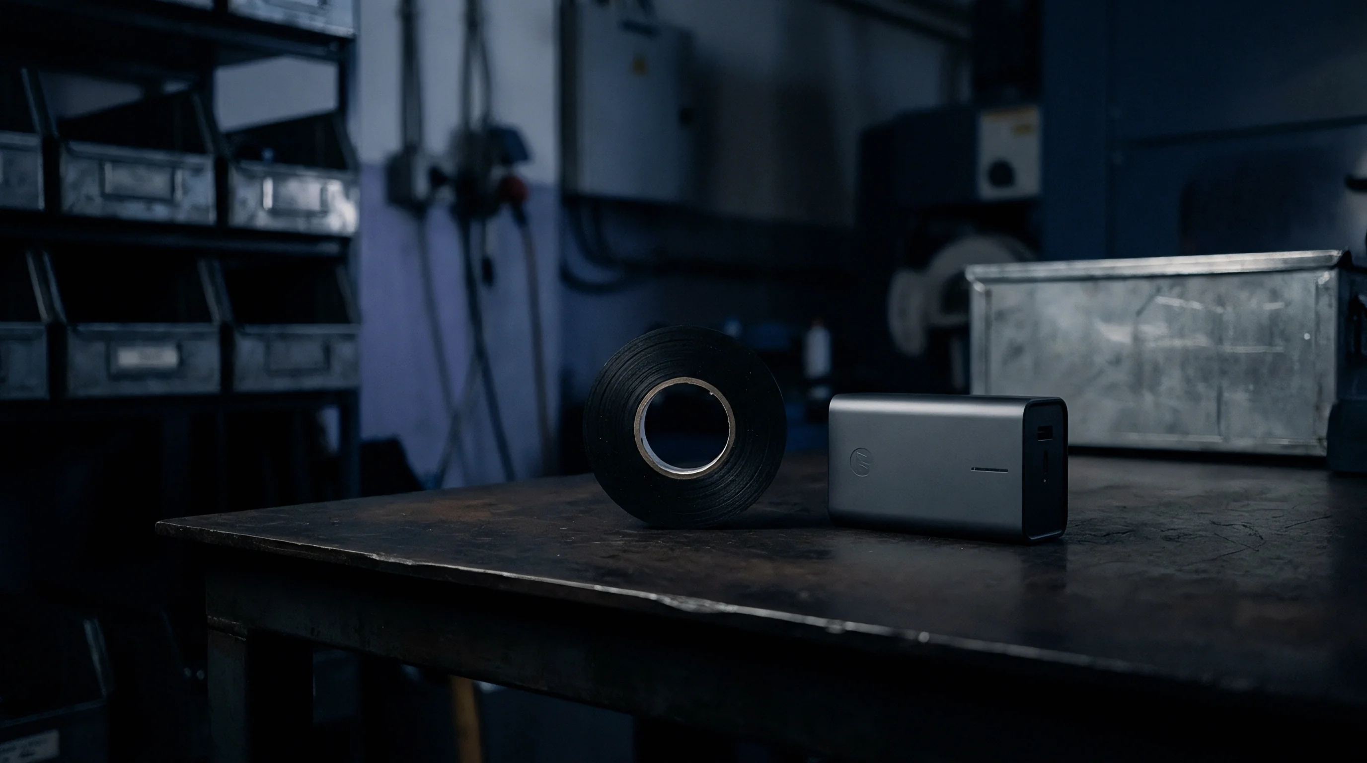 A portable lithium power station and insulating tape rest on a weathered steel workbench inside a dim manufacturing facility.