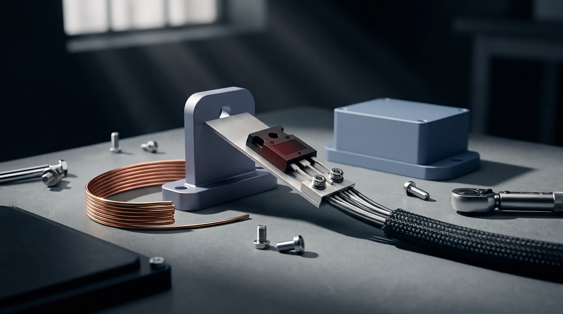 An industrial workbench displays a semiconductor power module bolted to an aluminum heat sink alongside coiled copper wiring and a wiring harness.